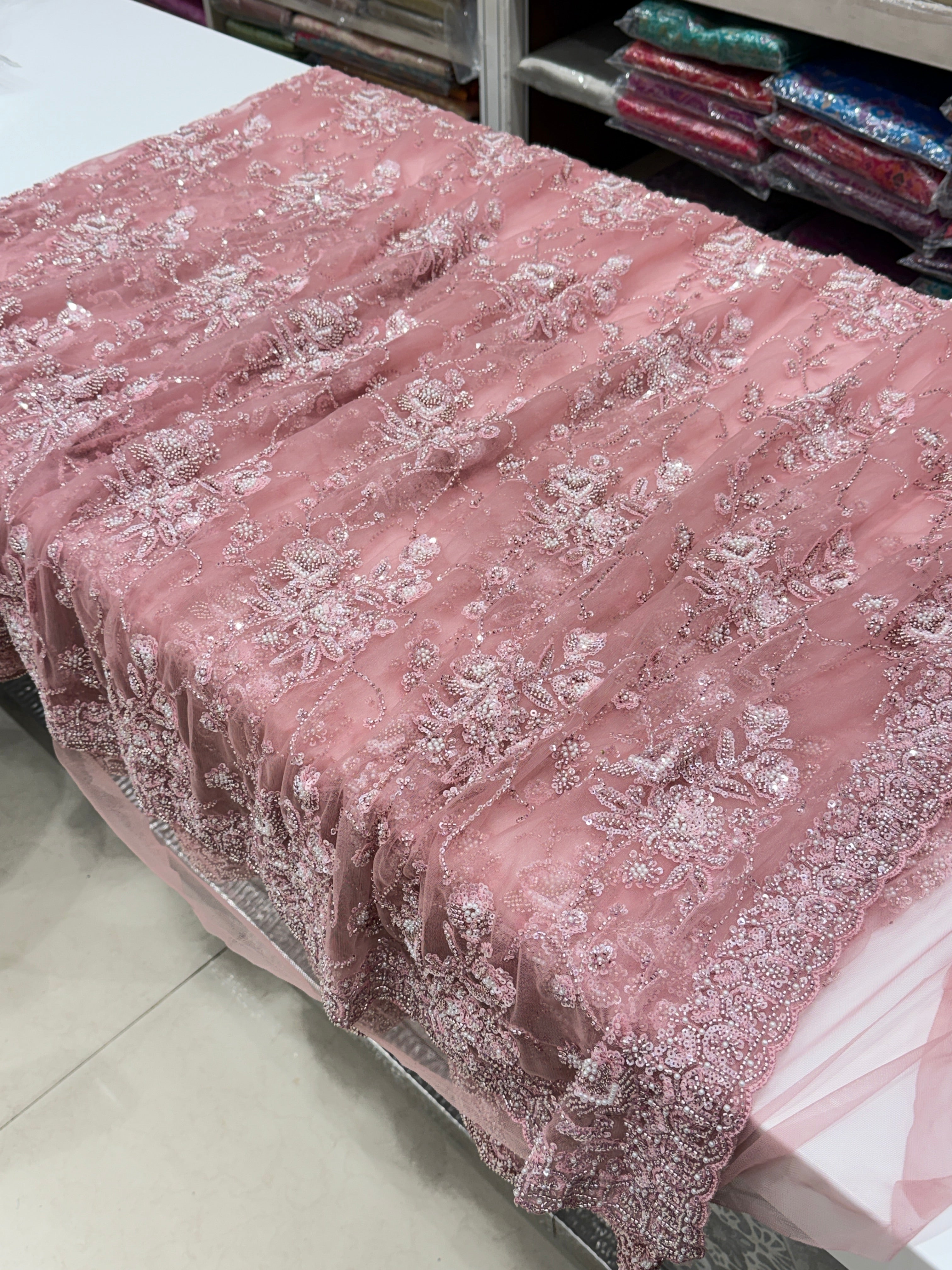 Pink Moti Sequin Heavy Soft Net Embroidery Saree
