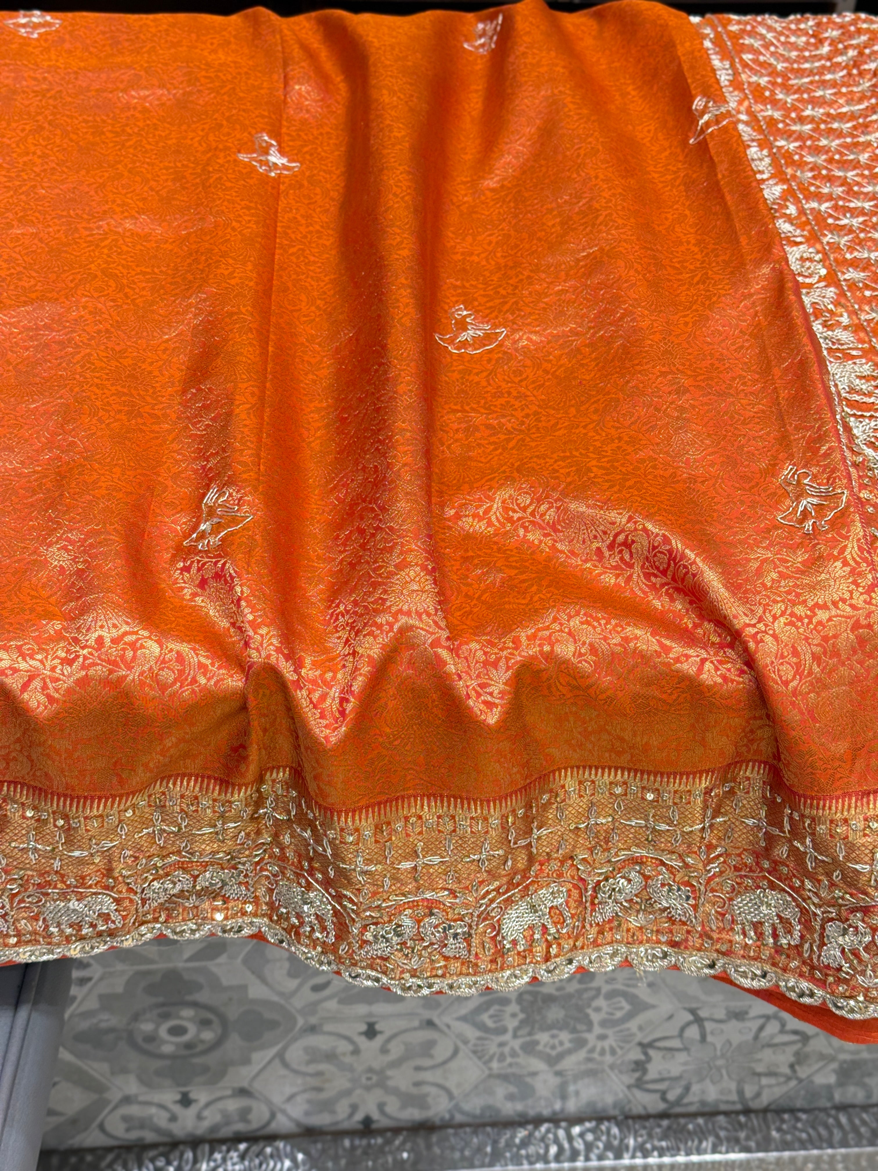 Orange Kanjivaram Peacock Motif Zardozi Hand Embroidery Saree