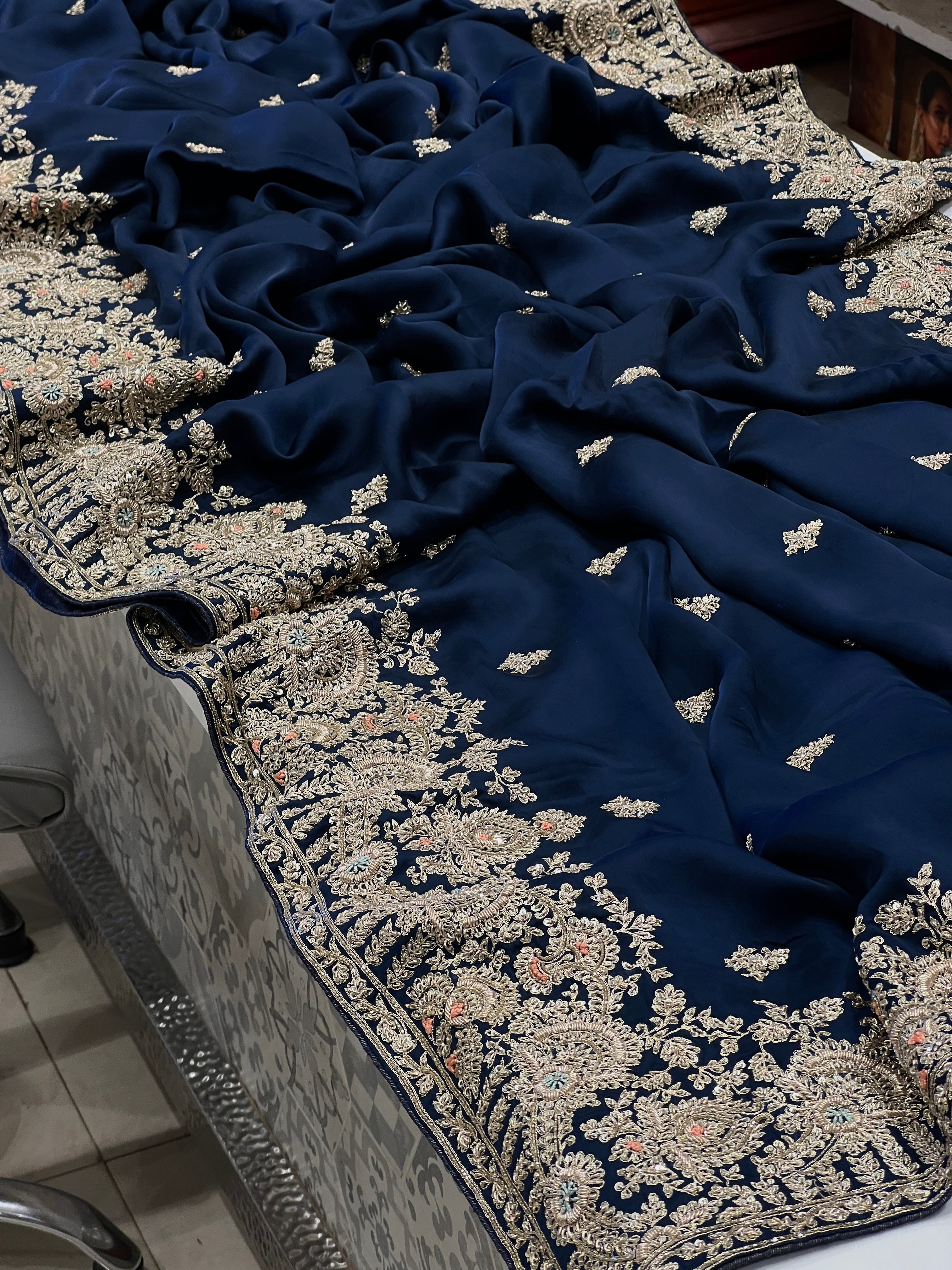 Navy Blue Satin Hand Embroidery Zardosi Saree