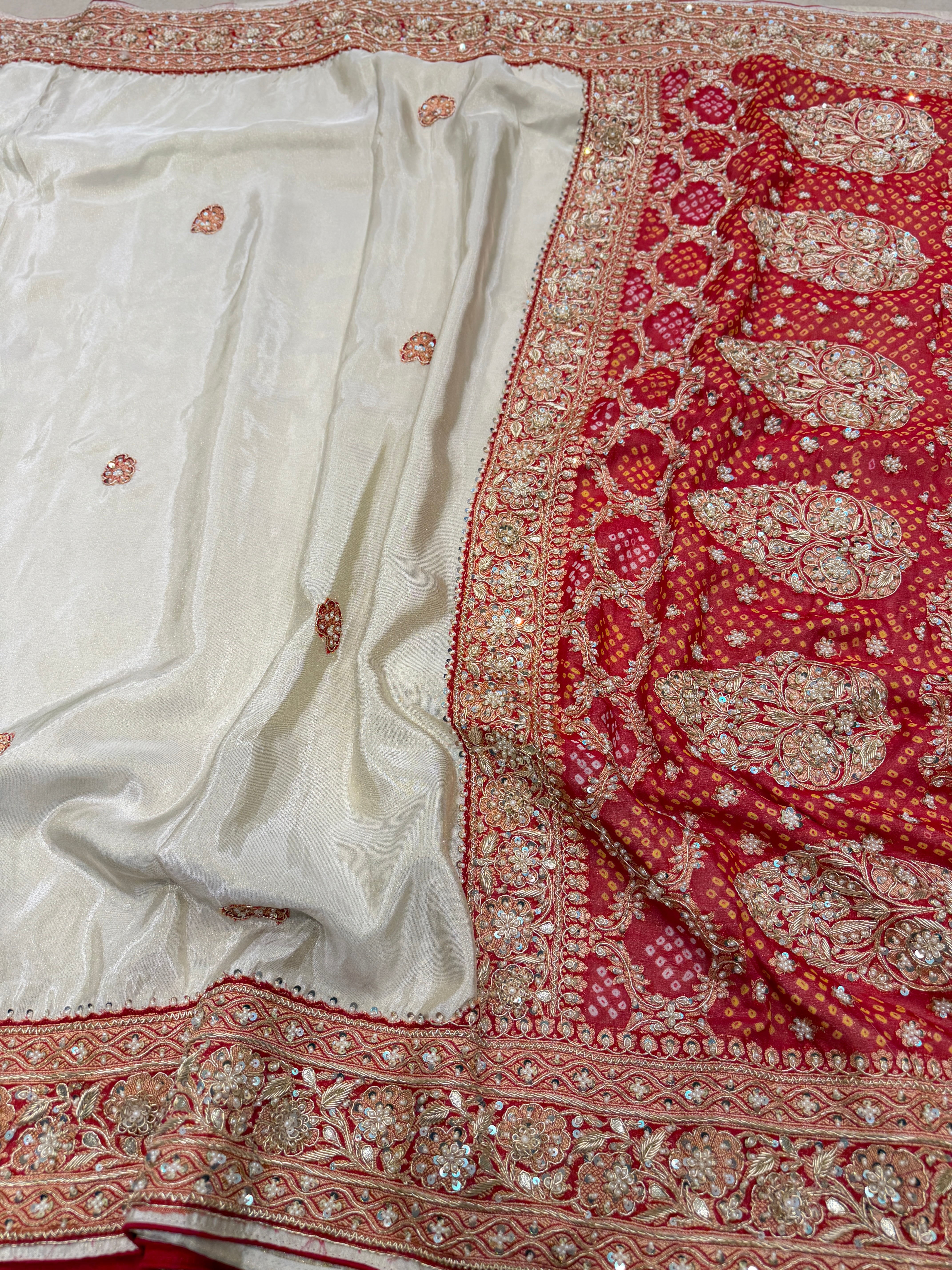 Ivory Banarasi Crepe Tissue Bandhej Patch Zardosi Hand Embroidery Saree