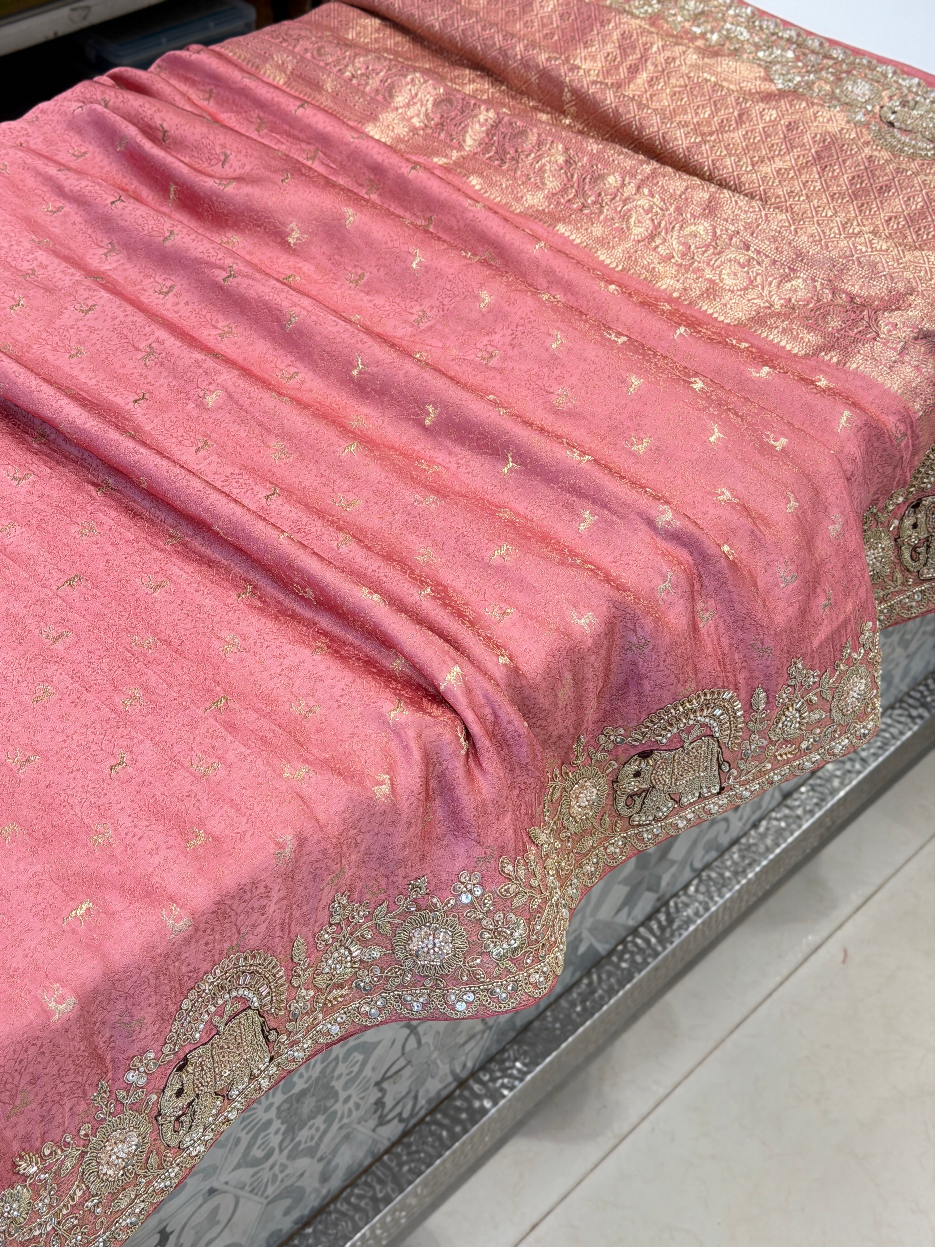 Pink Banarasi Mushru Silk Elephant Motif Embroidery Saree