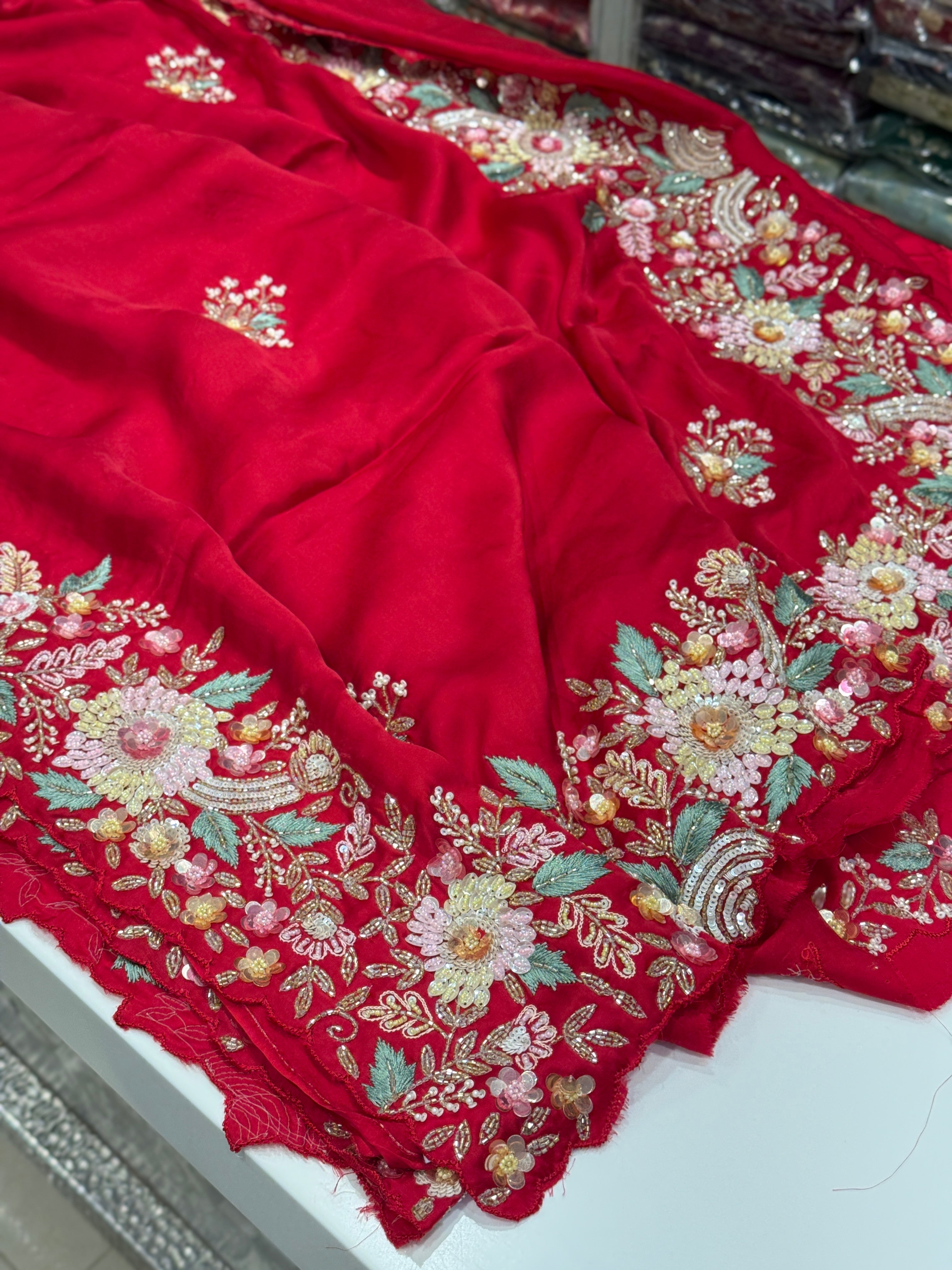Red Satin Multi Colour Sequin Hand Embroidery Saree