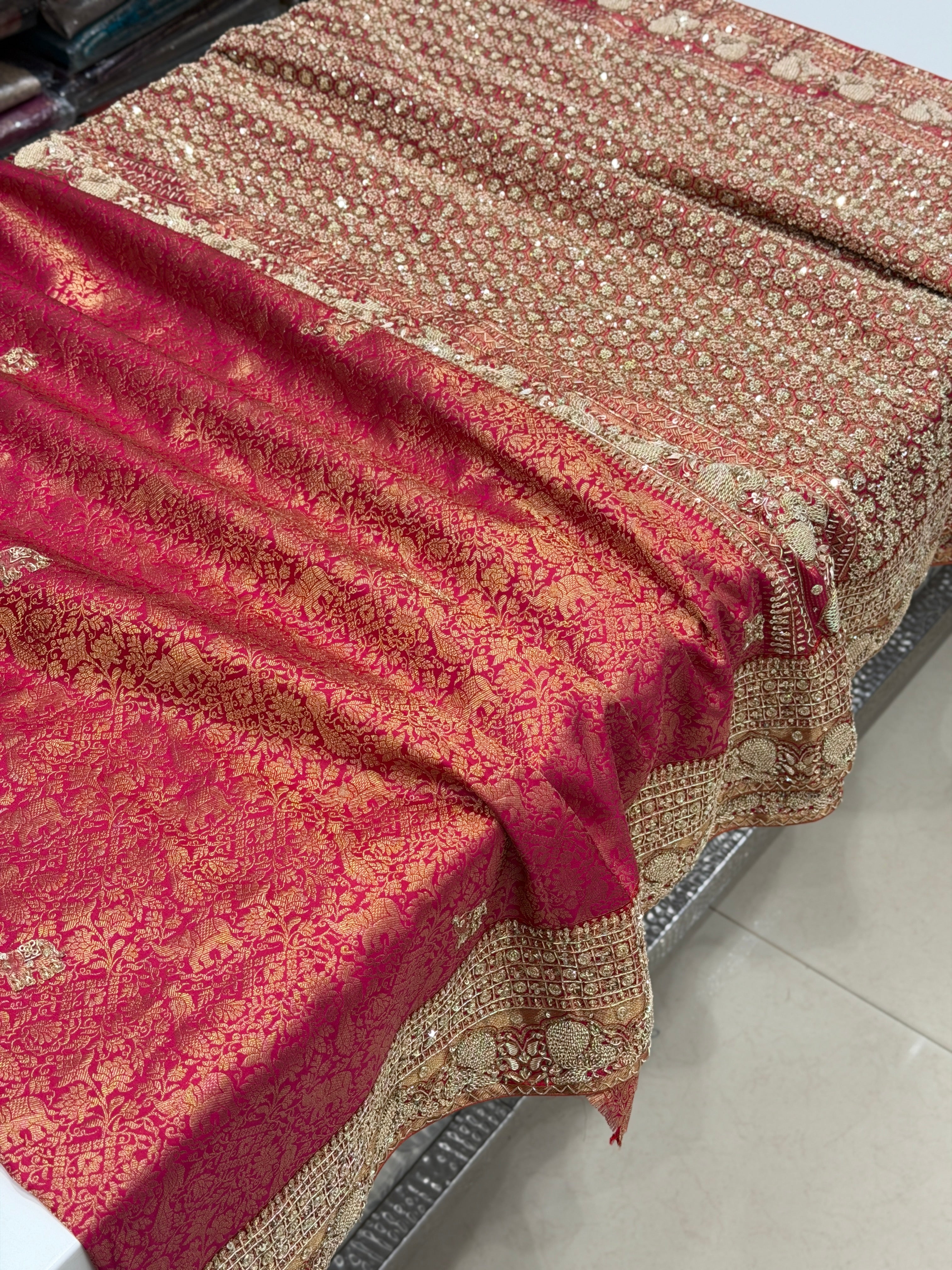 Rani Pink Kanjivaram Peacock Motif Zardosi Hand Embroidery Saree