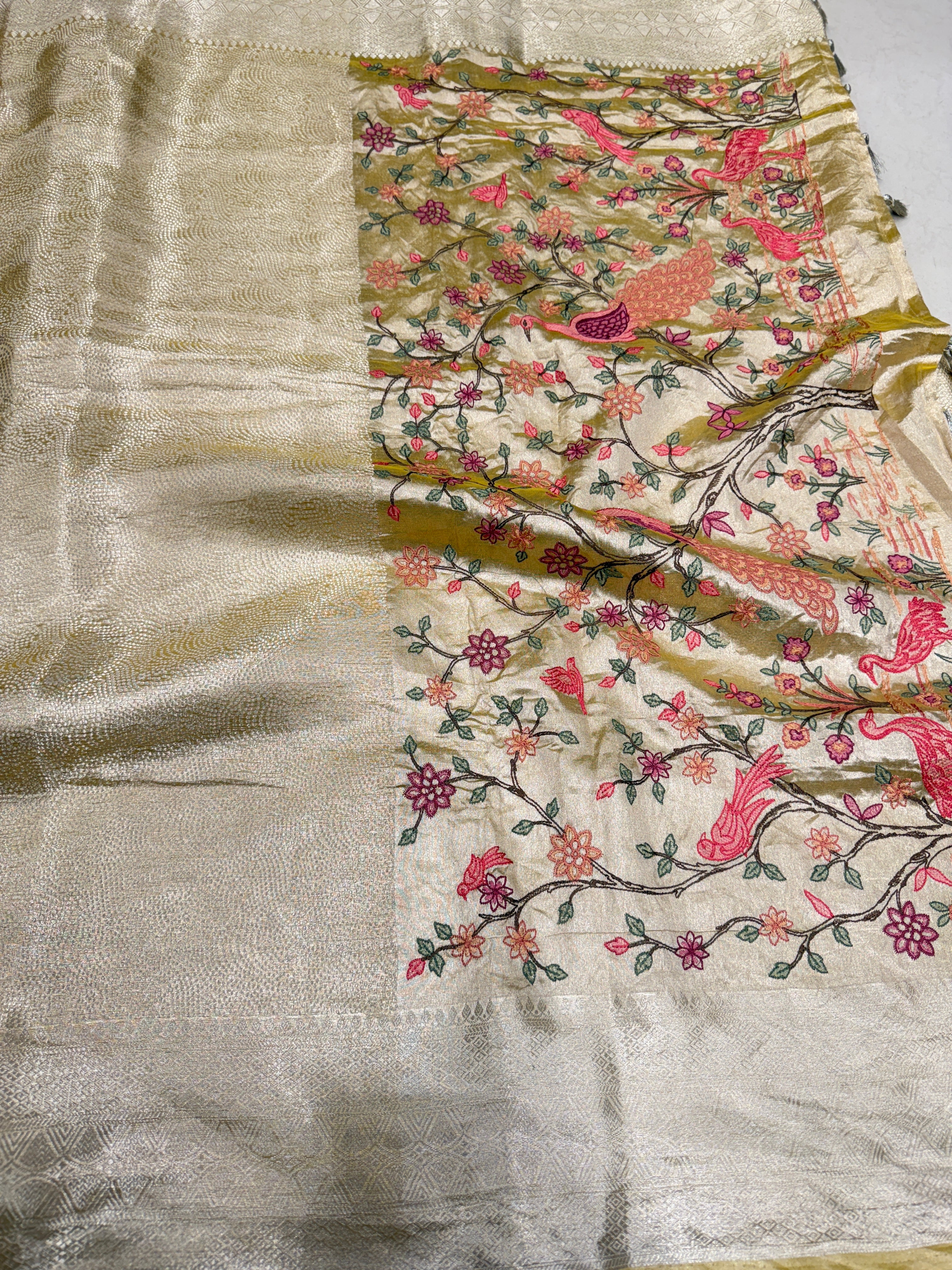 Yellow Handloom Tissue Peacock Contemporary Resham Embroidery Saree