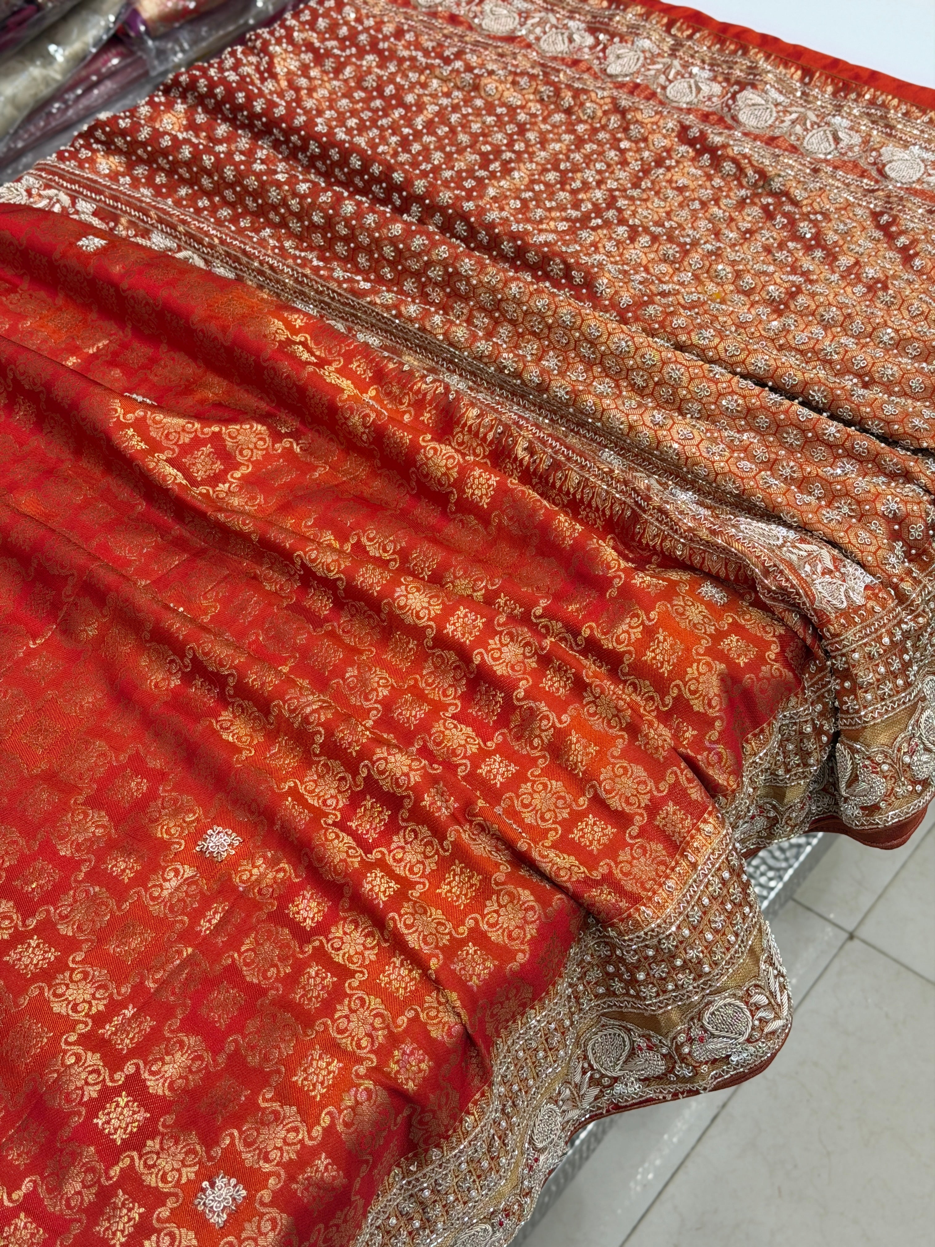 Rust Orange Kanjivaram Peacock Motif Hand Embroidery Zardosi Saree