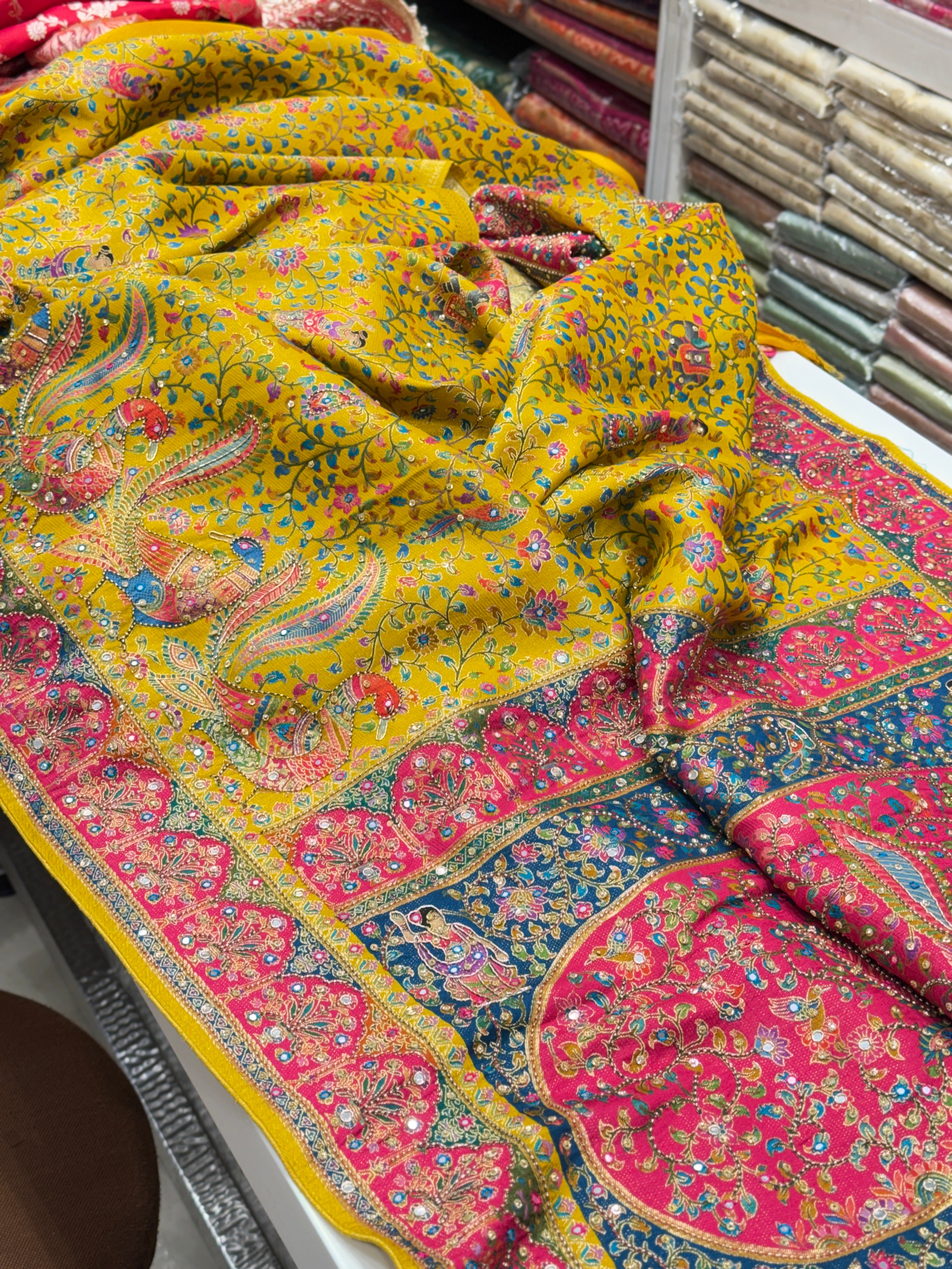 Yellow Pashmina Style Moti Hand Embroidery Saree