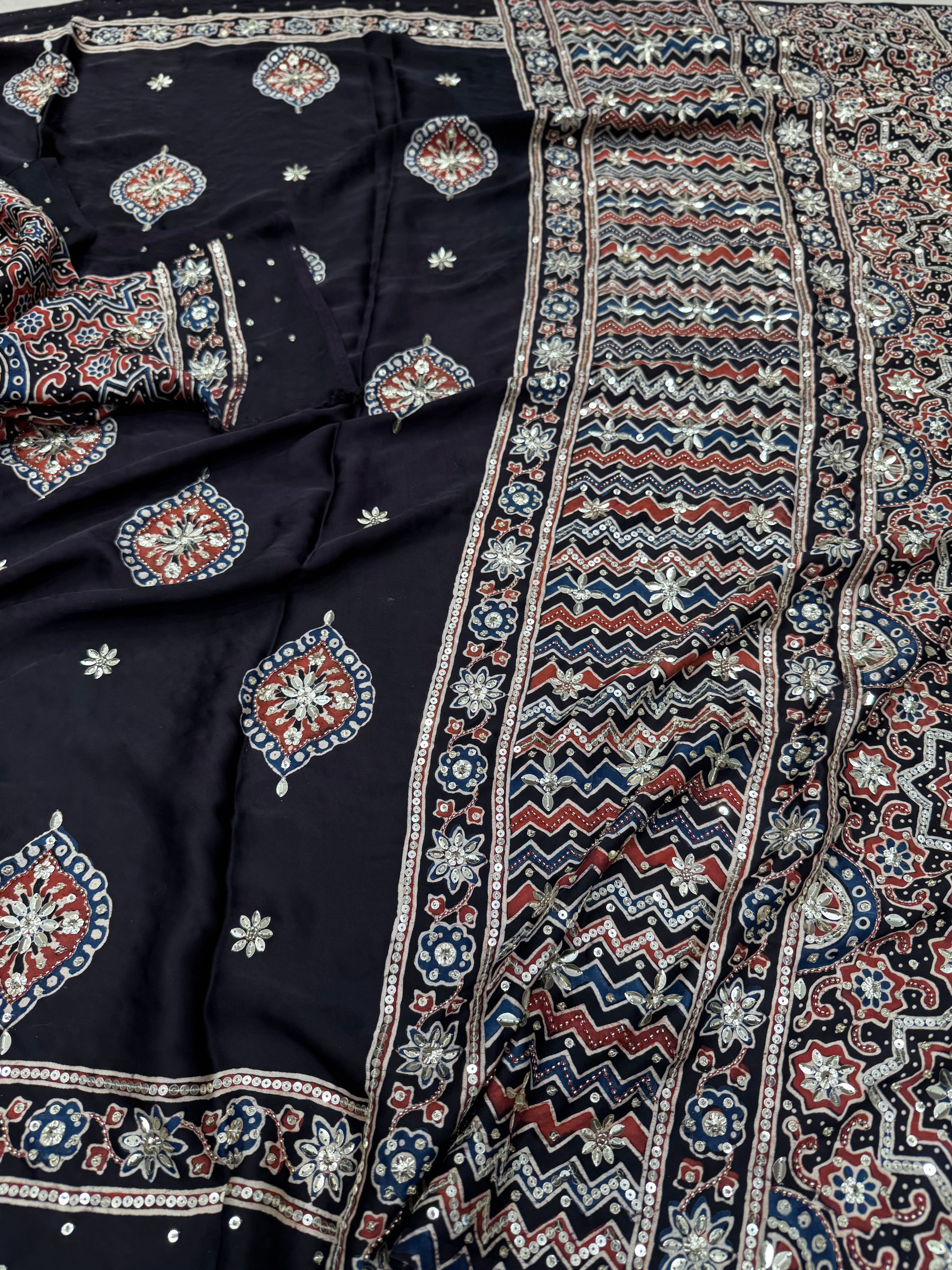 Black Ajrakh Badam Butta Moti Sequin Ajrakh Hand Embroidery Saree