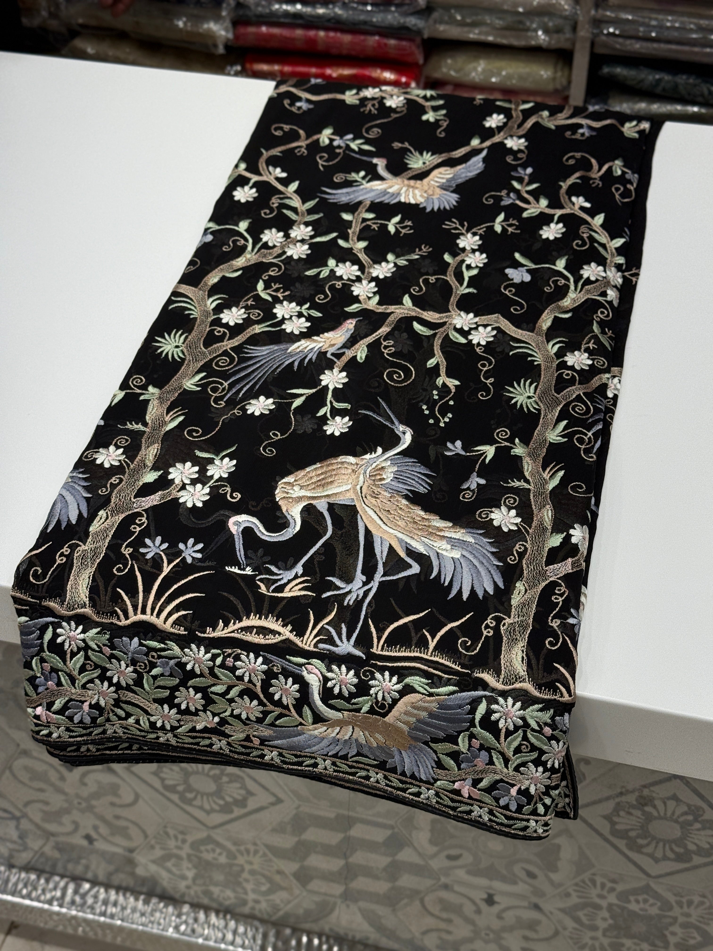 Black Tree Of Life Flamingo Parsi Gara Saree