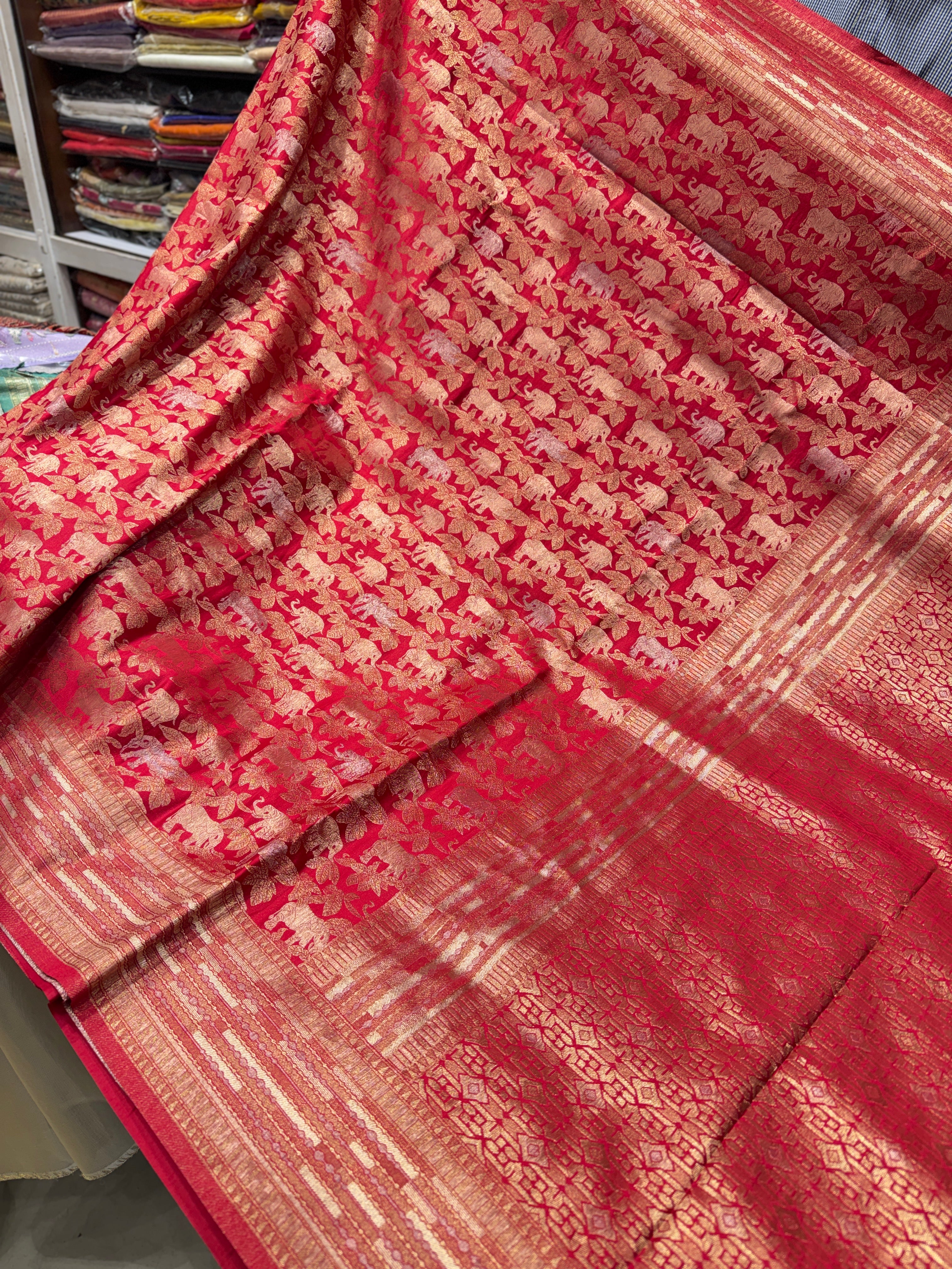 Red Banarasi Soft Silk Semi Elephant Motif Saree