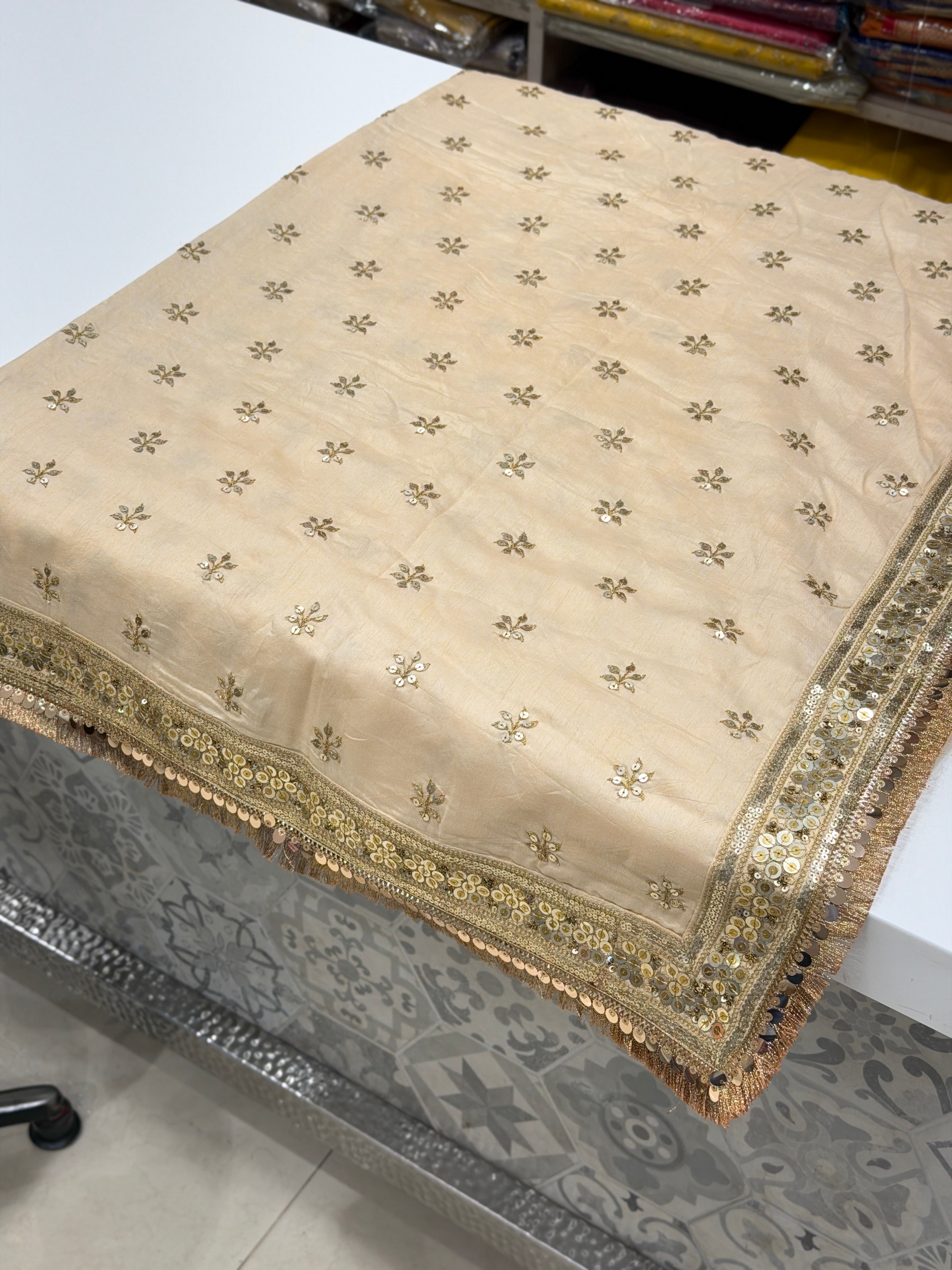 Beige Pure Silk Sabyasachi Inspired Marodi Sequin Butti Saree