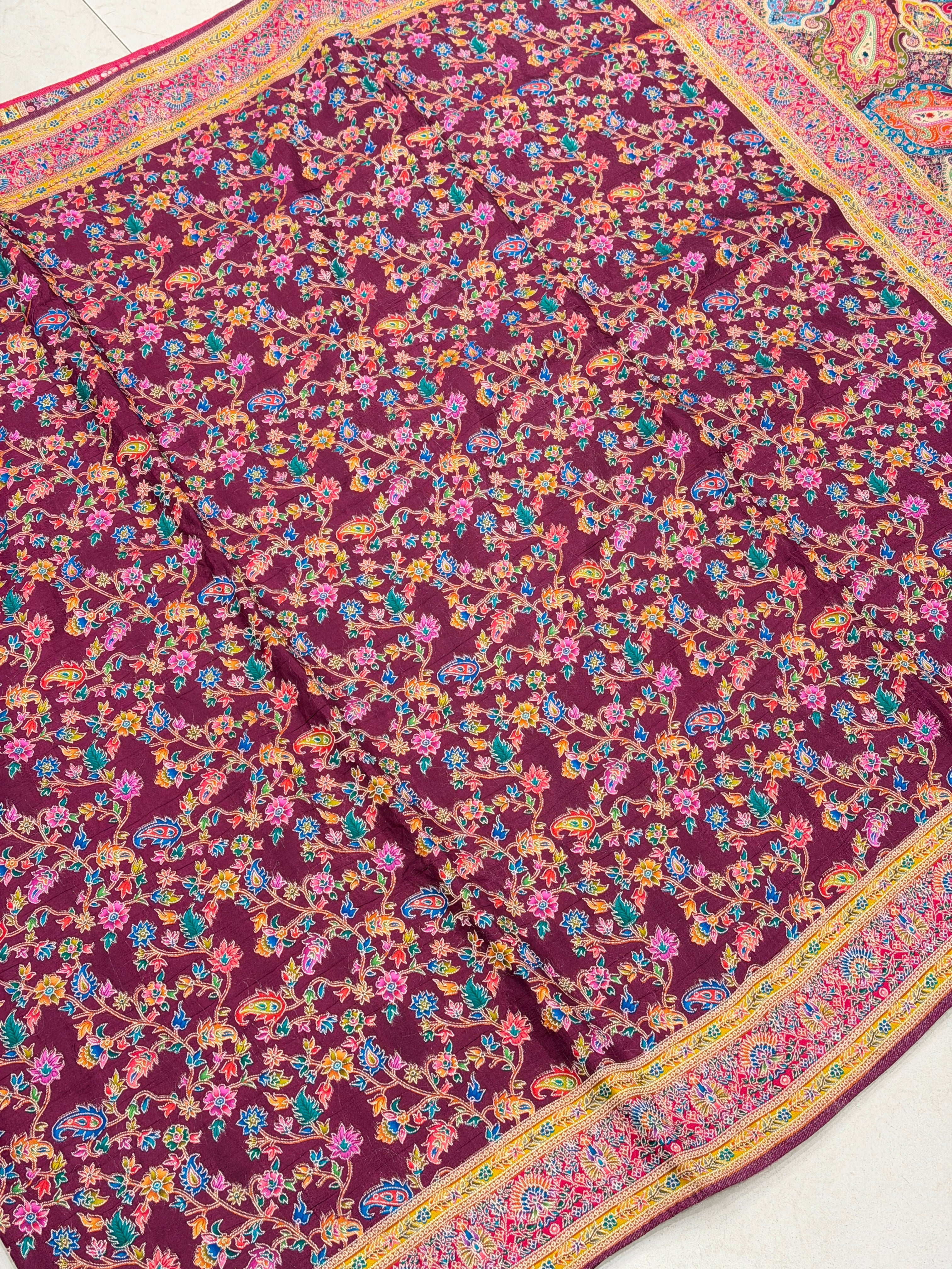 Maroonish Wine Weaved Pashmina Style Multi Colour Saree