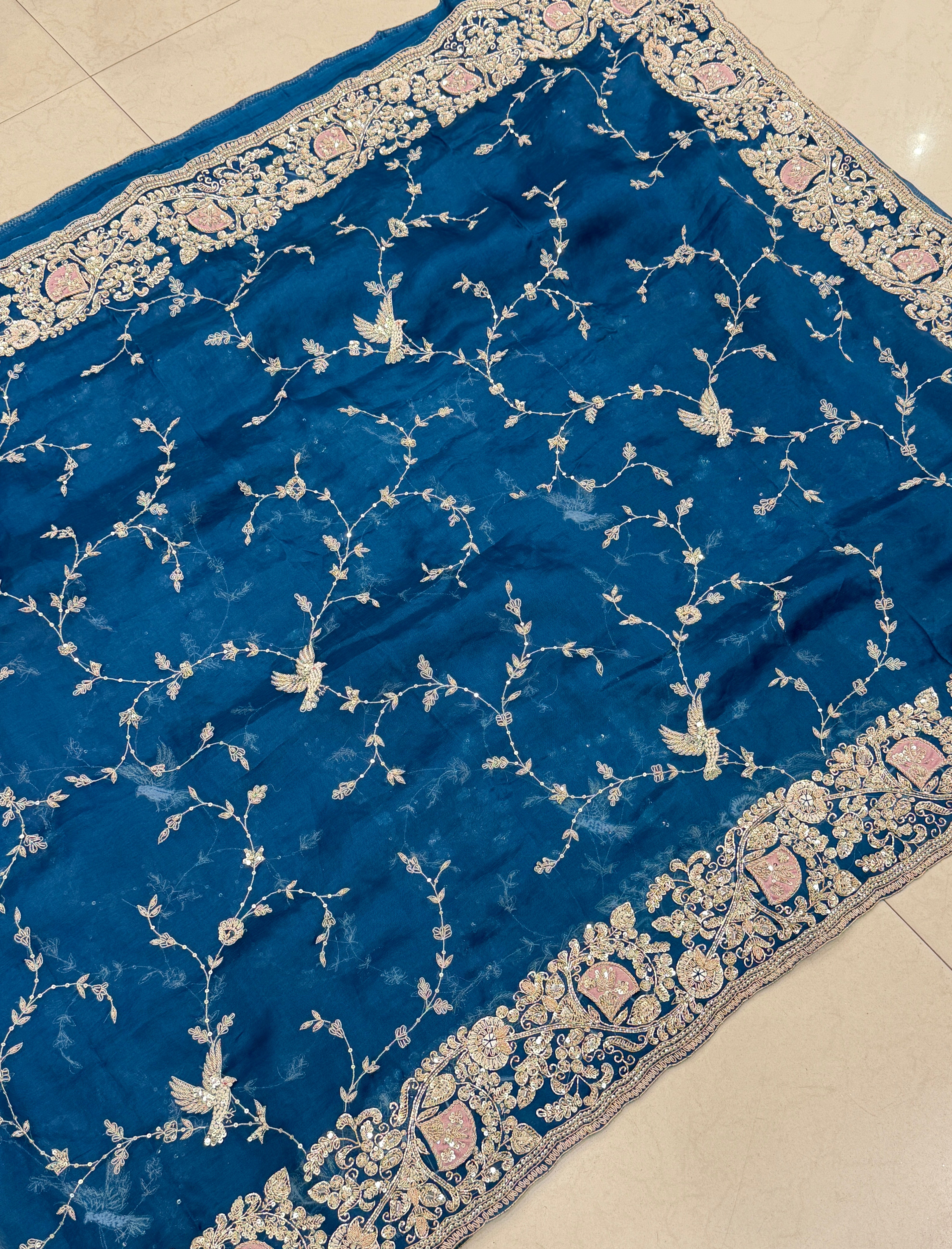 Petrol Blue Patch Work Zardosi Hand Embroidery Saree