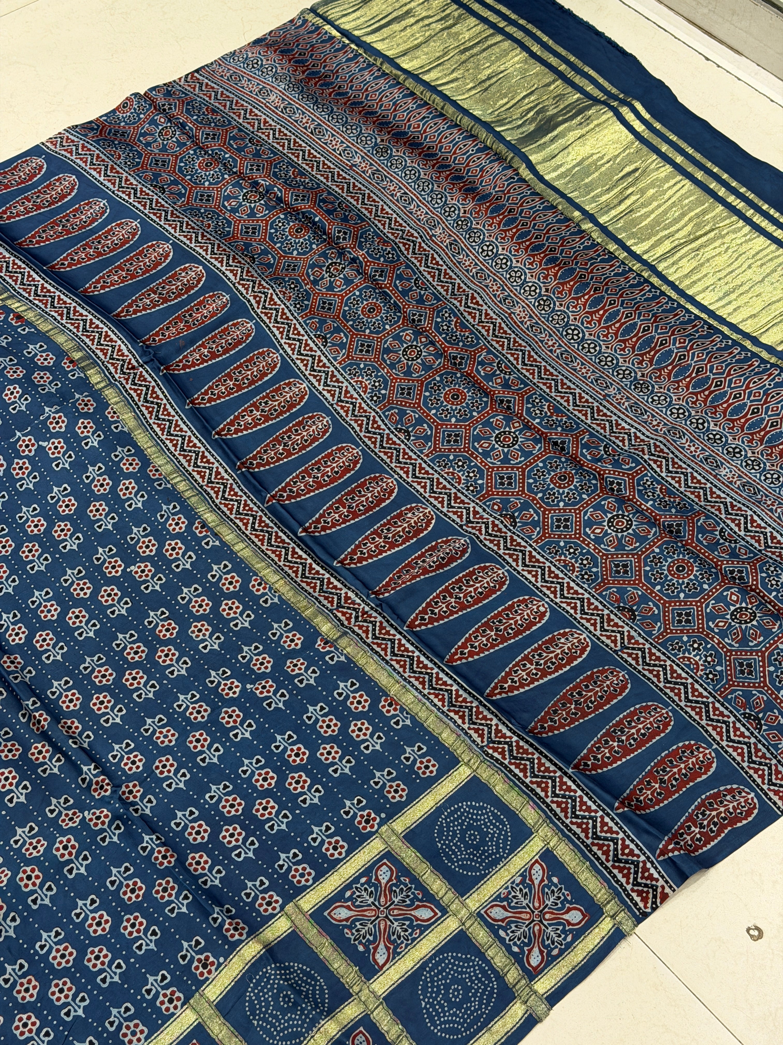 Blue Checks Border Lagdipatta Ajrakh Hand Block Print Pure Modal Silk Saree