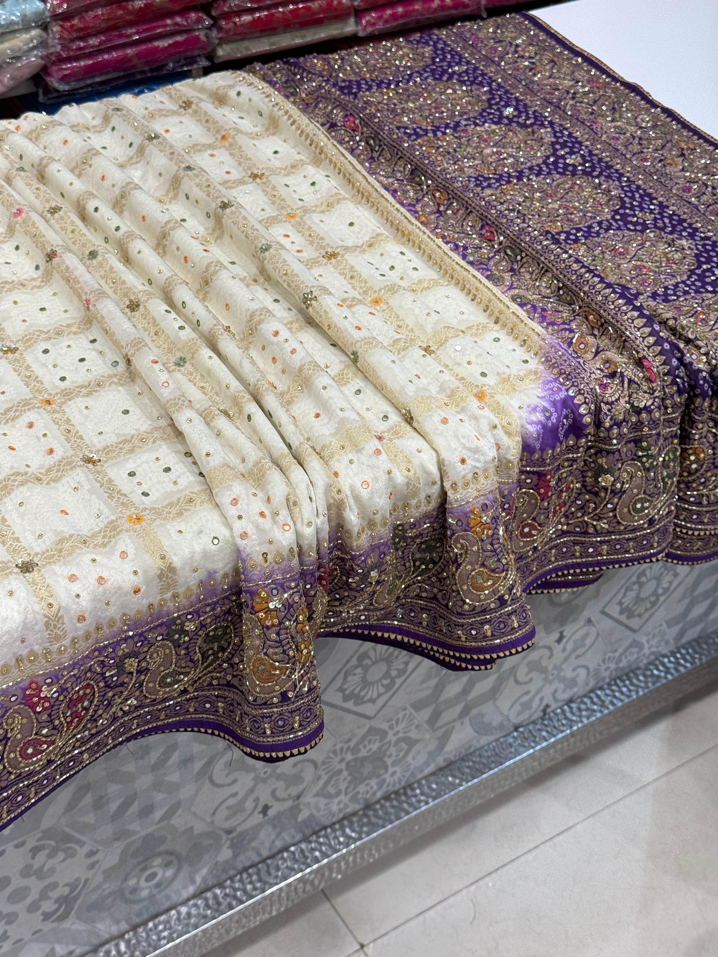 Beige Violet Gharchola Hand Embroidery Saree