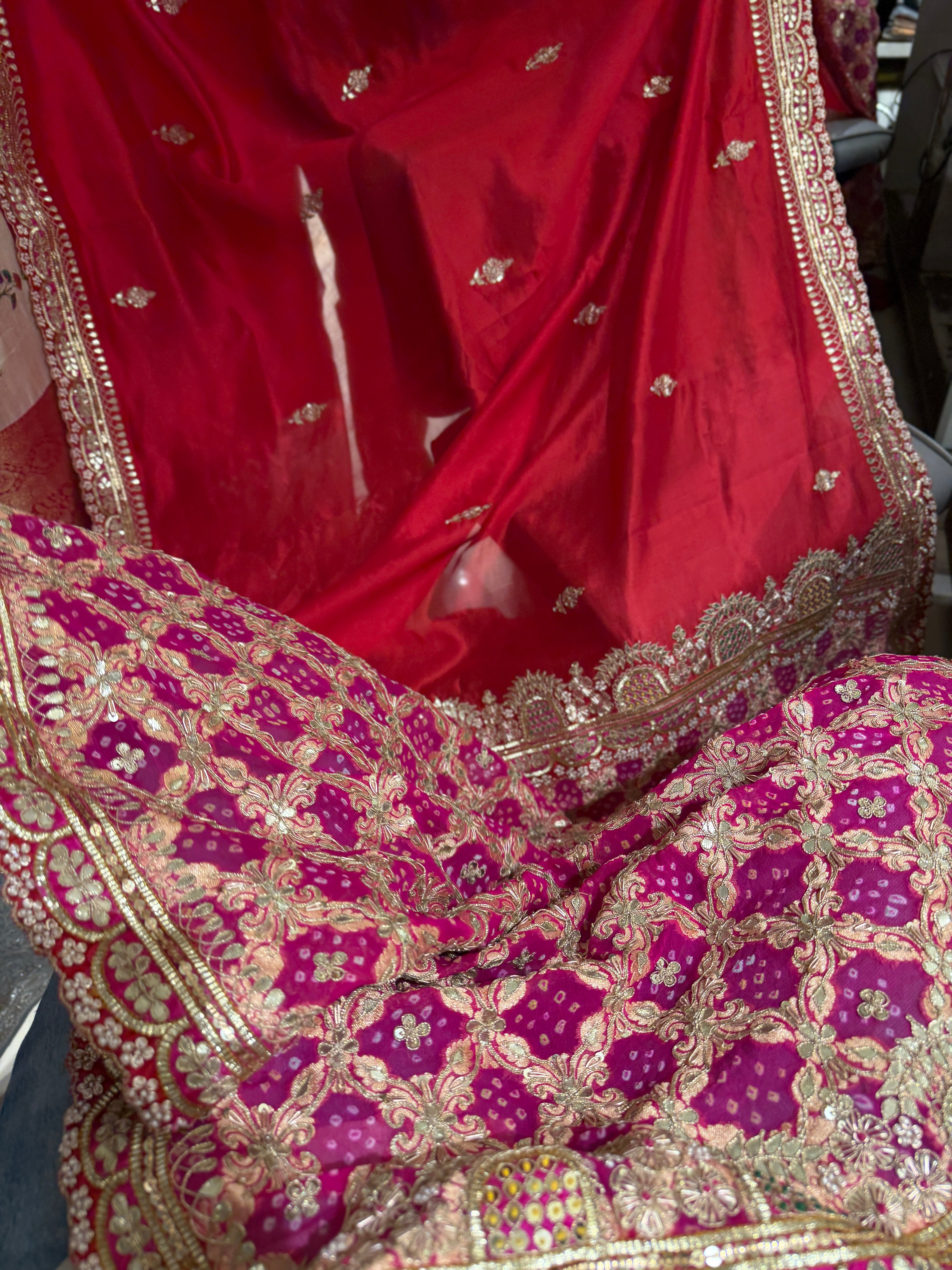Red with Rani Pink Pure Silk Bandhej Marodi Hand Embroidery Saree