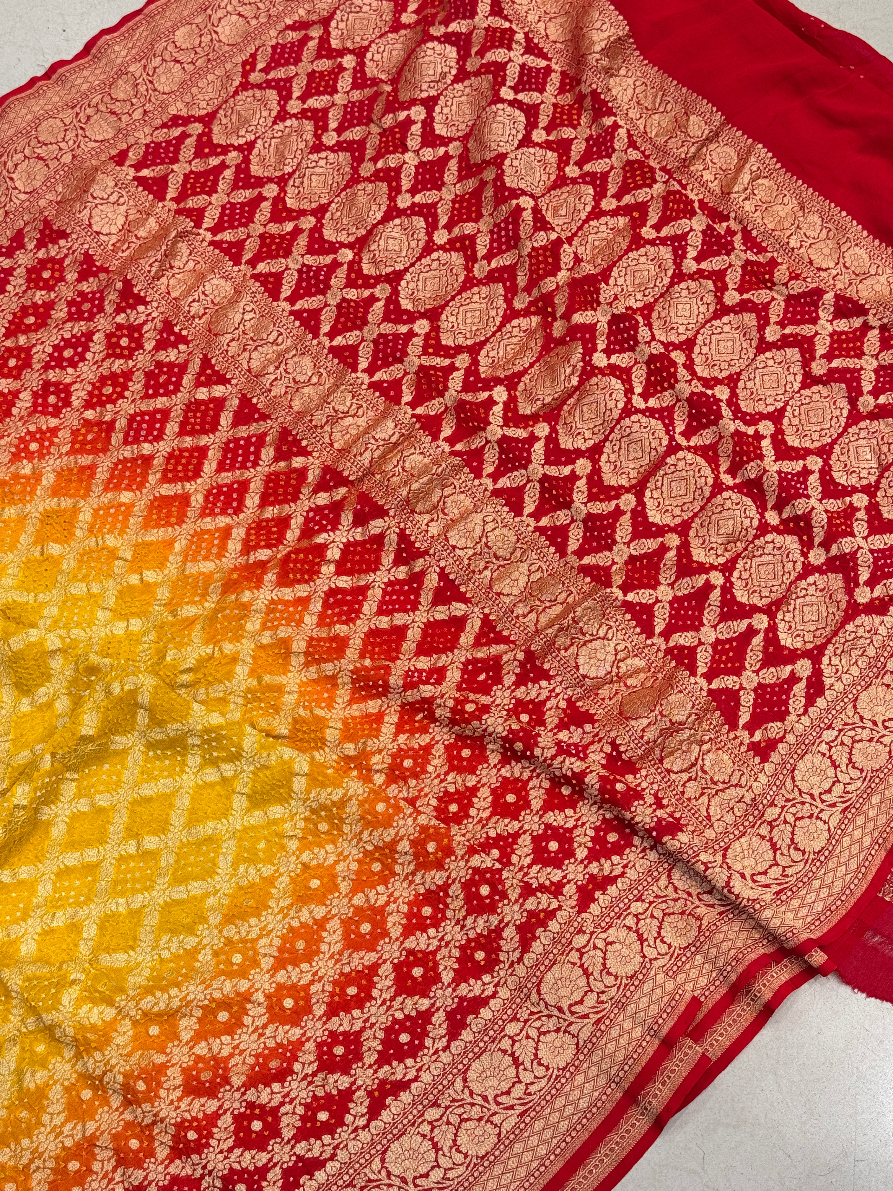 Yellow Red Shaded Bandhej Bandhini Saree