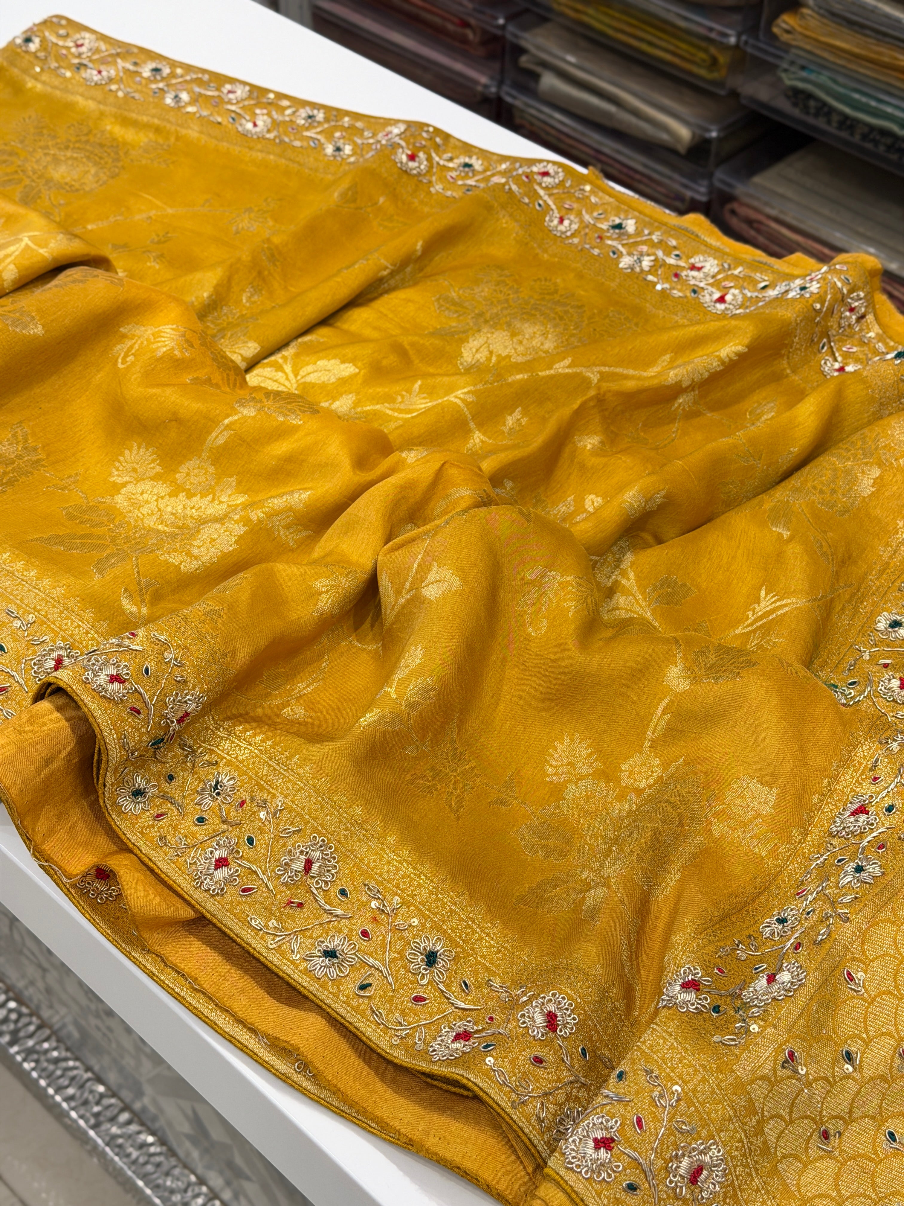 Mustard Yellow Banarasi Munga Zardosi Resham Hand Embroidery Saree