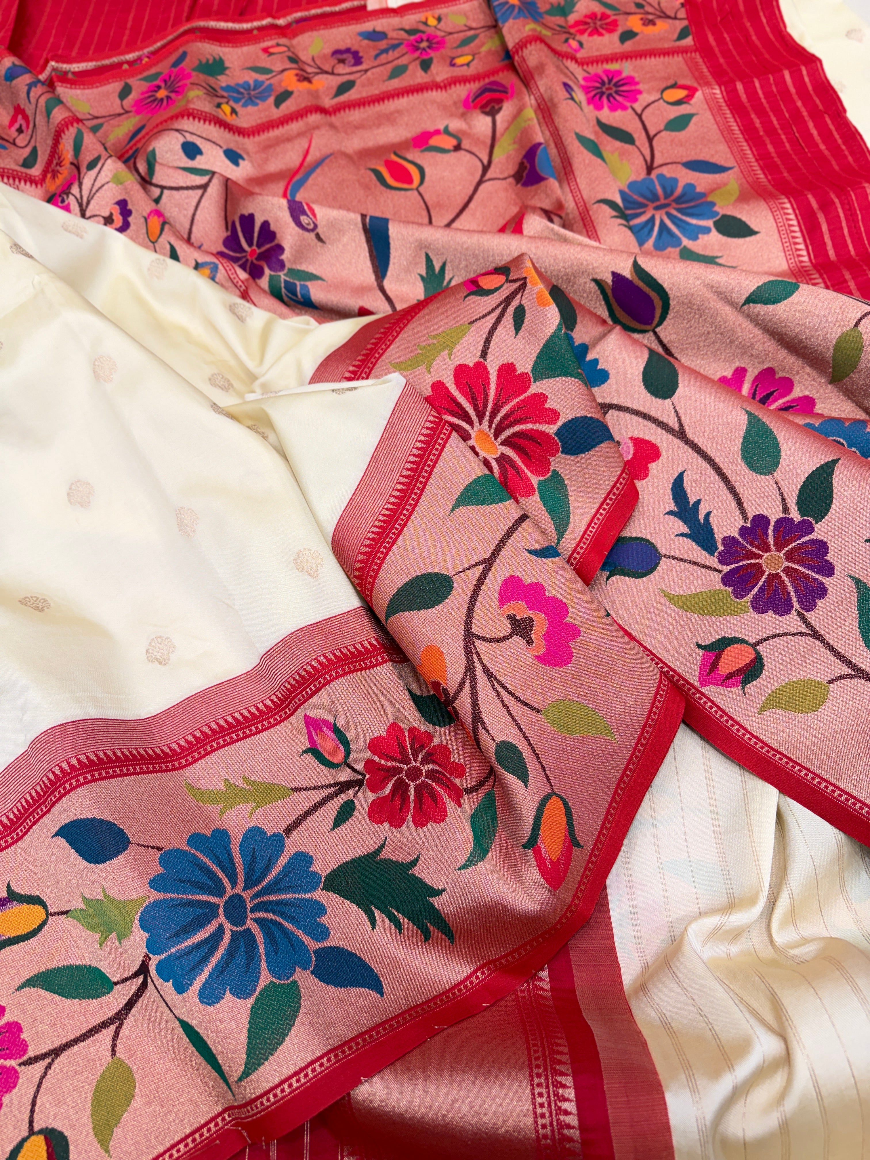 Moti White Floral Border Paithani Silk Saree