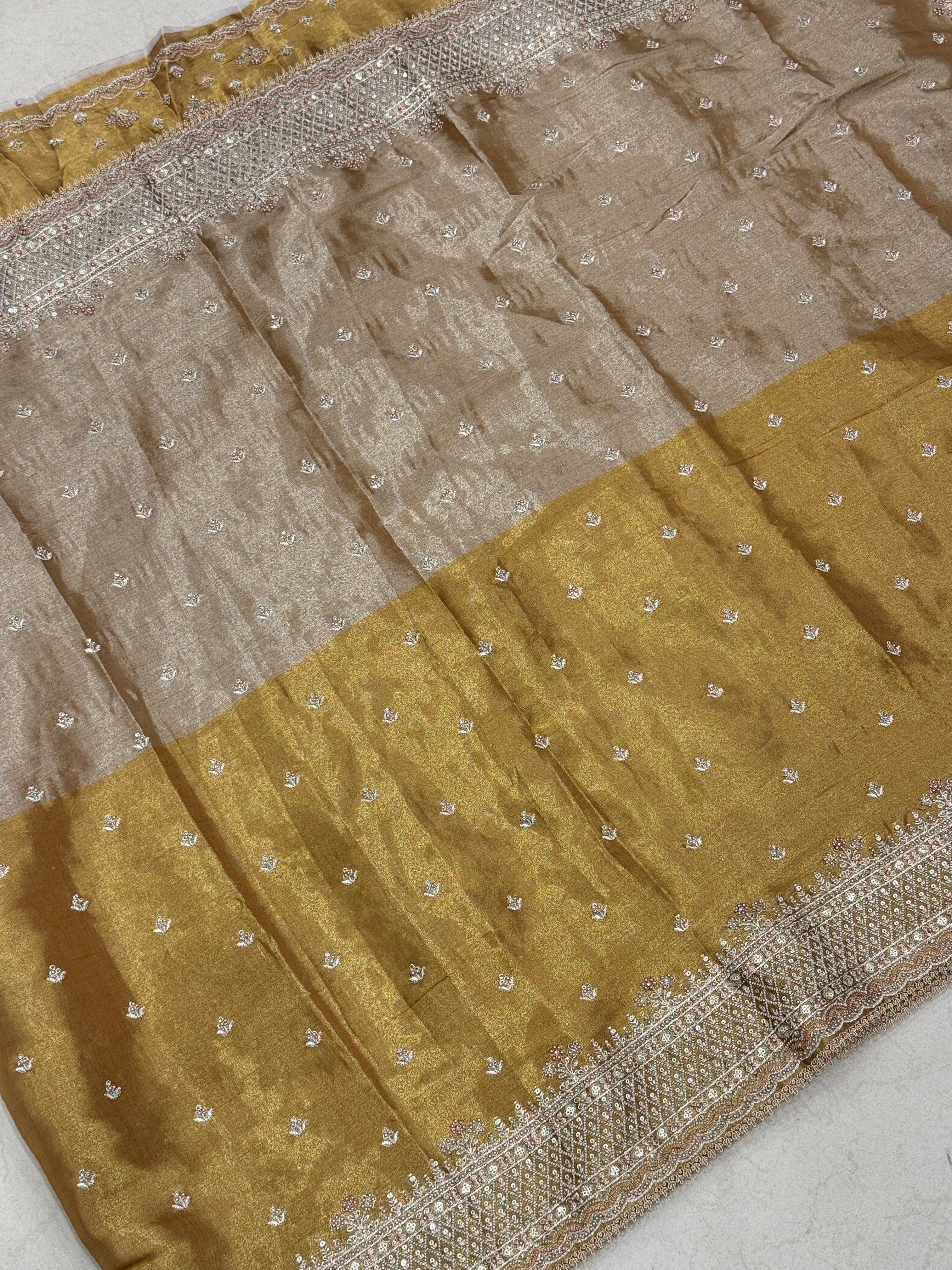 Golden Silver Soft Tissue Pita Embroidery Saree
