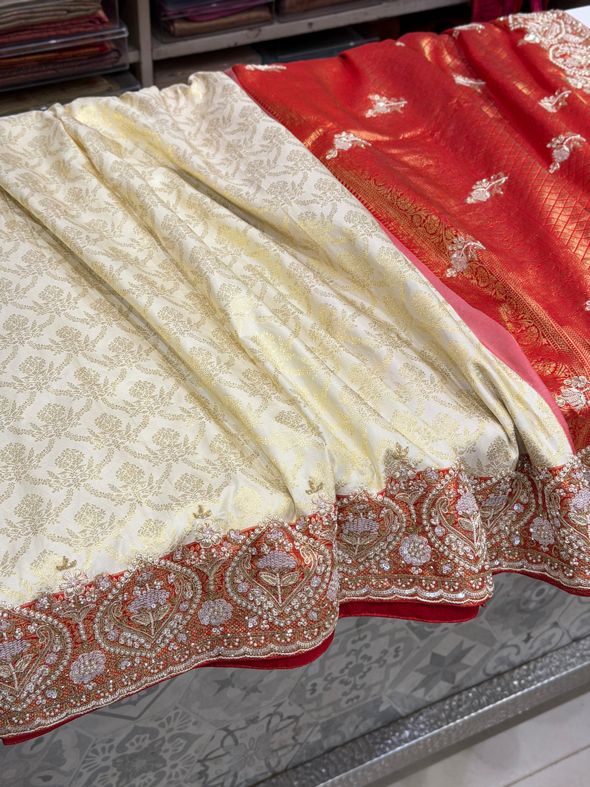White Red Pure Silk Kanjivaram Moti Zardosi Hand Embroidery Saree