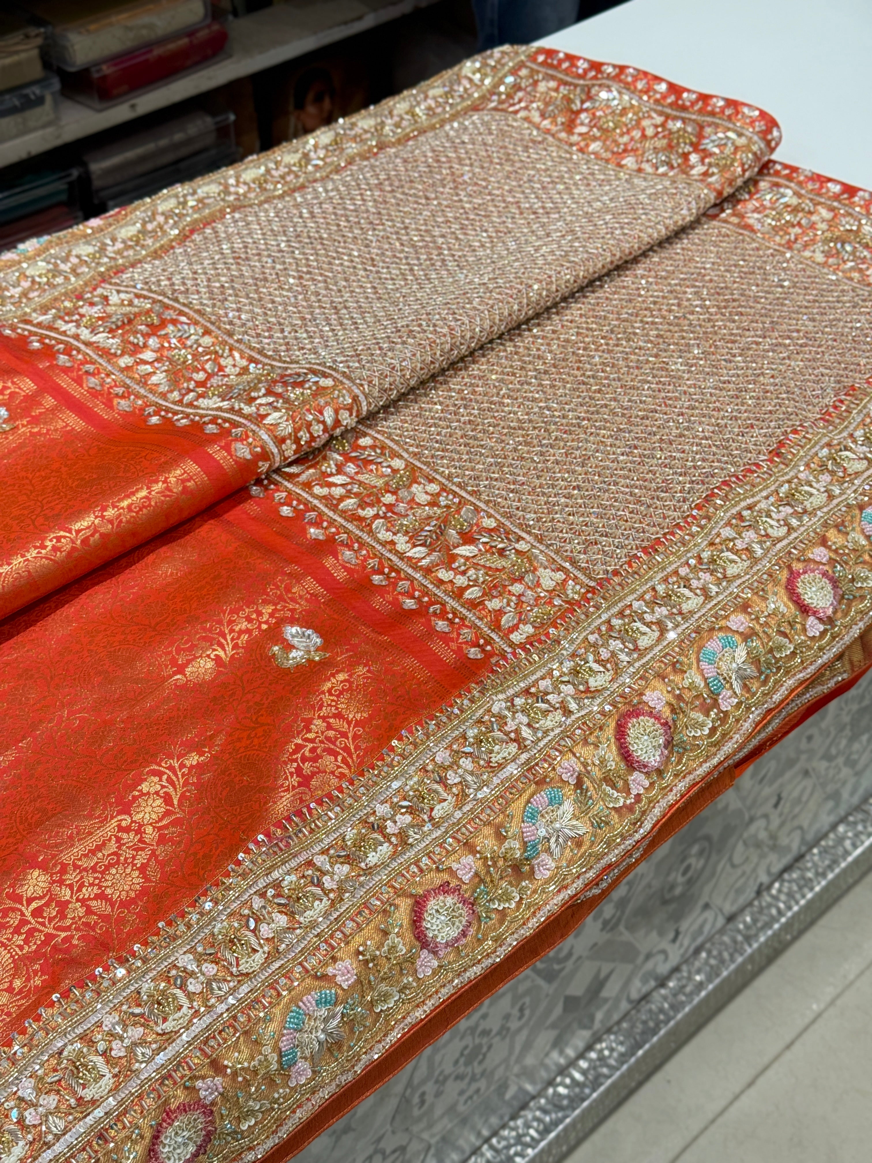 Rust Orange Kanjivaram Hand Embroidery Saree