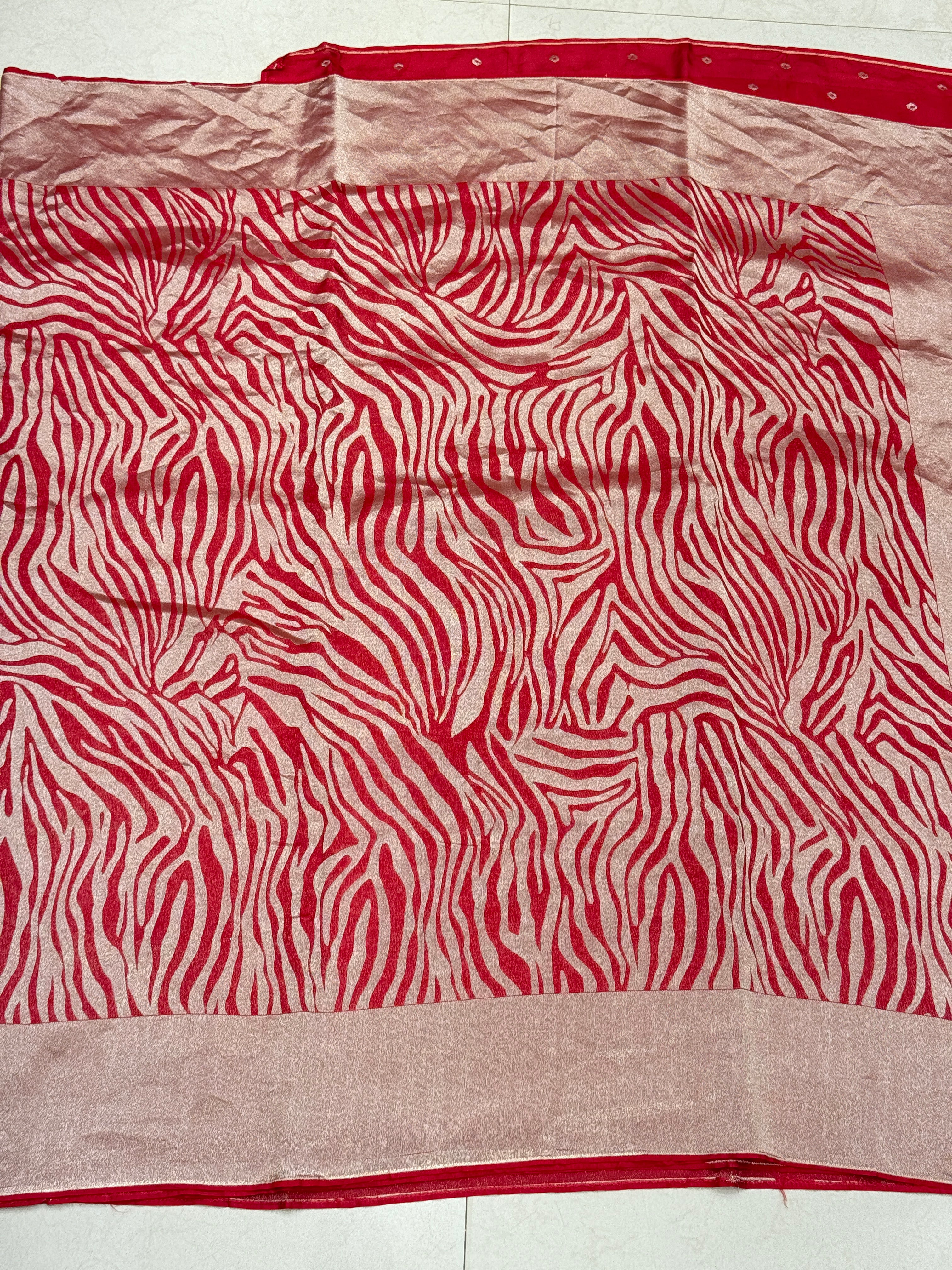 Red Munga Tissue Silk Contemporary Tiger Weave Banarasi Saree