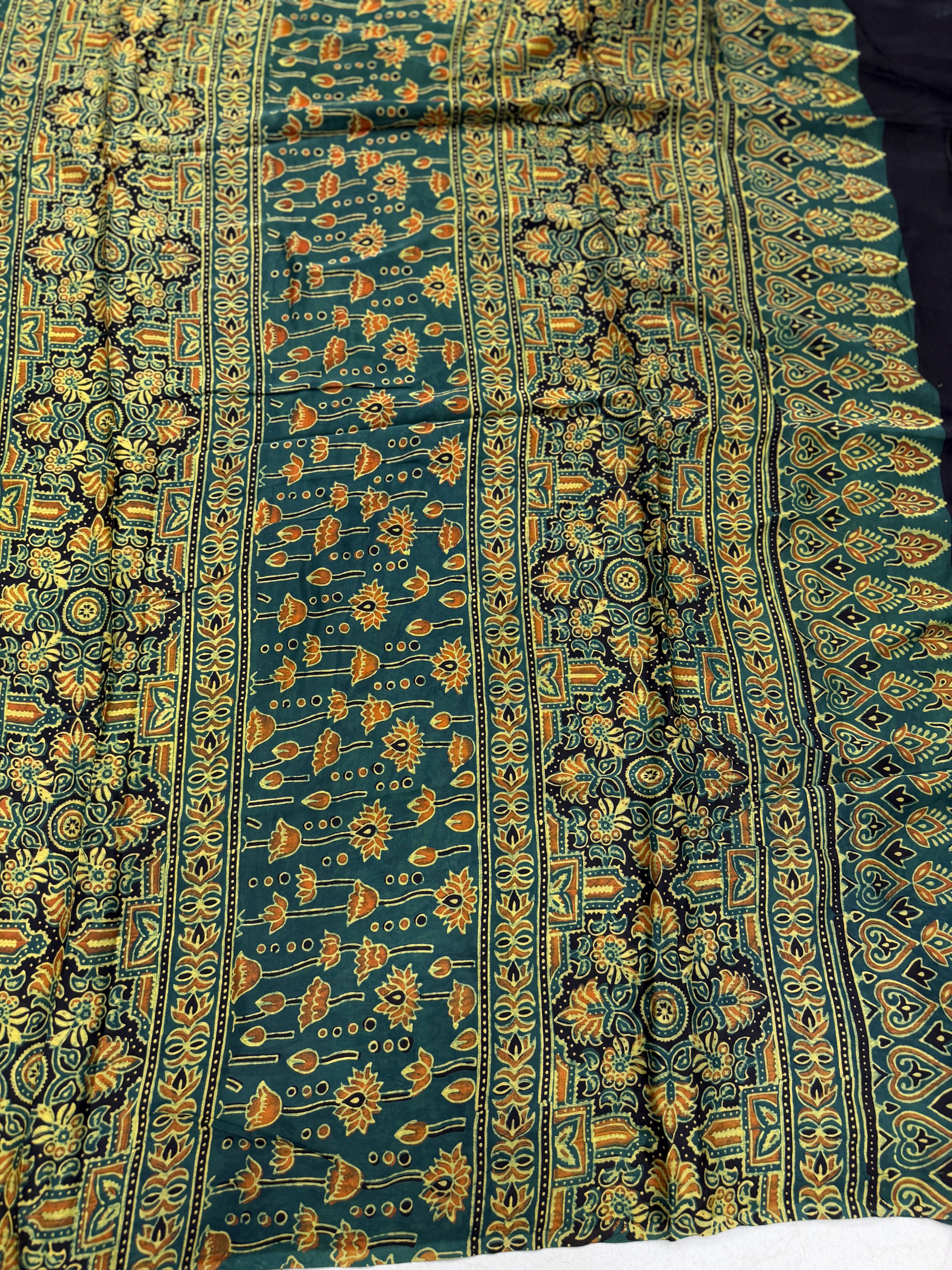 Green Buttis Ajrakh Hand Block Print Pure Gajji Silk Saree