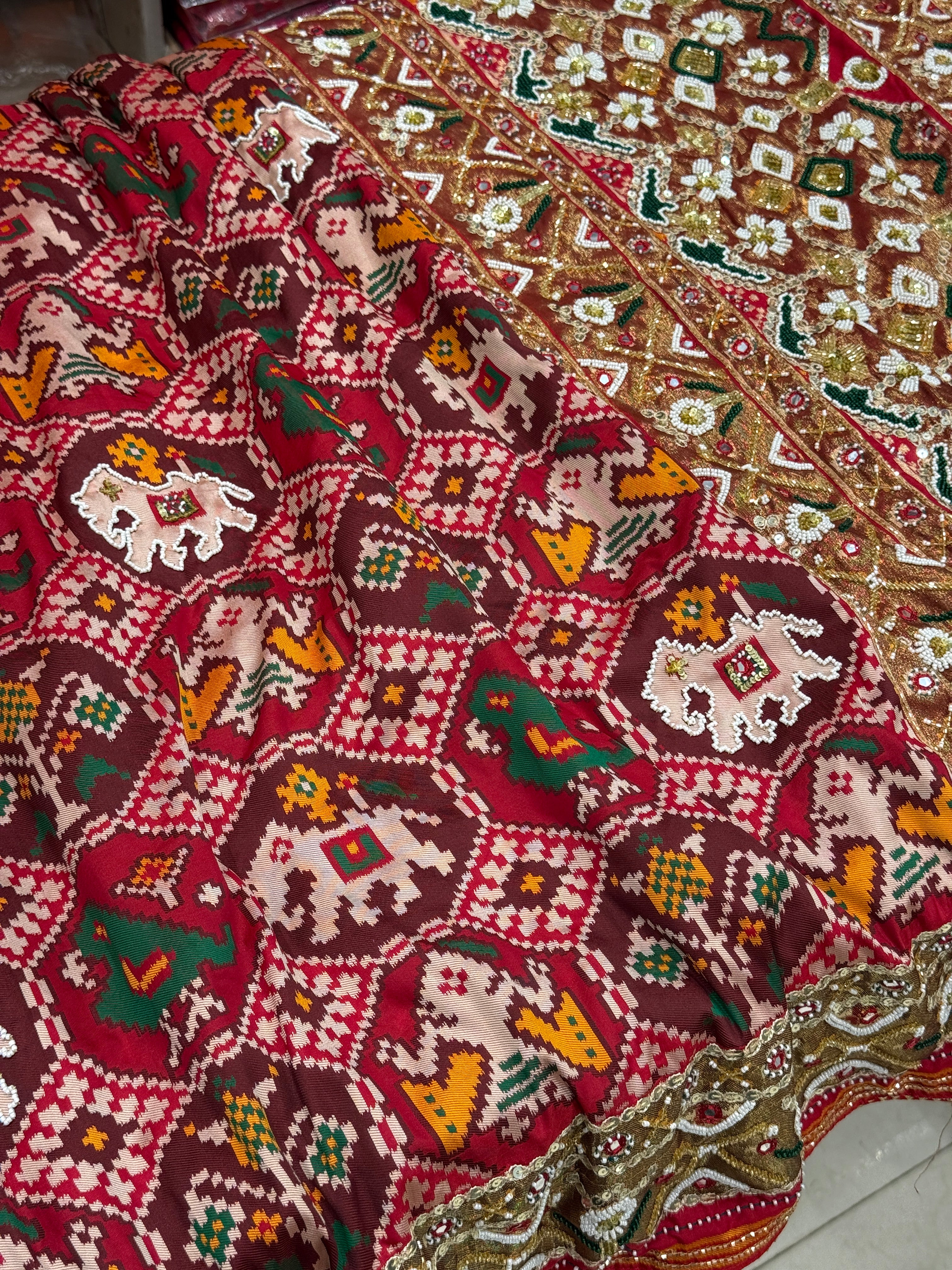 Red Nari Kunjar Bhat Patola Kidiya Moti Hand Embroidery Saree