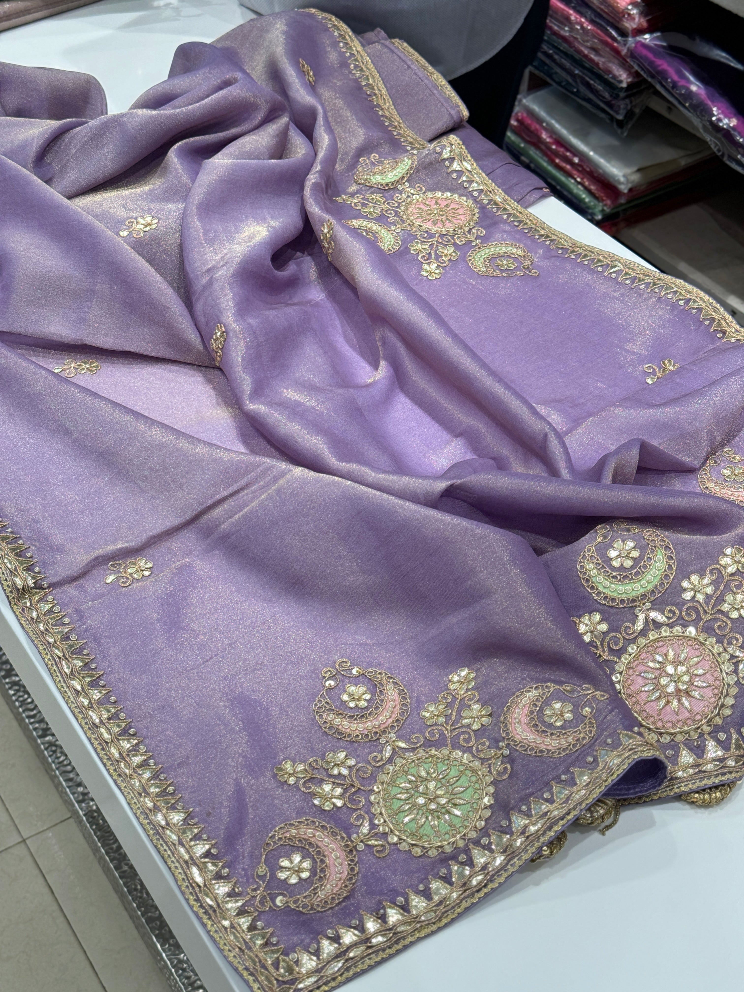 Lilac Crepe Tissue Patch Embroidery Gotapatti Saree