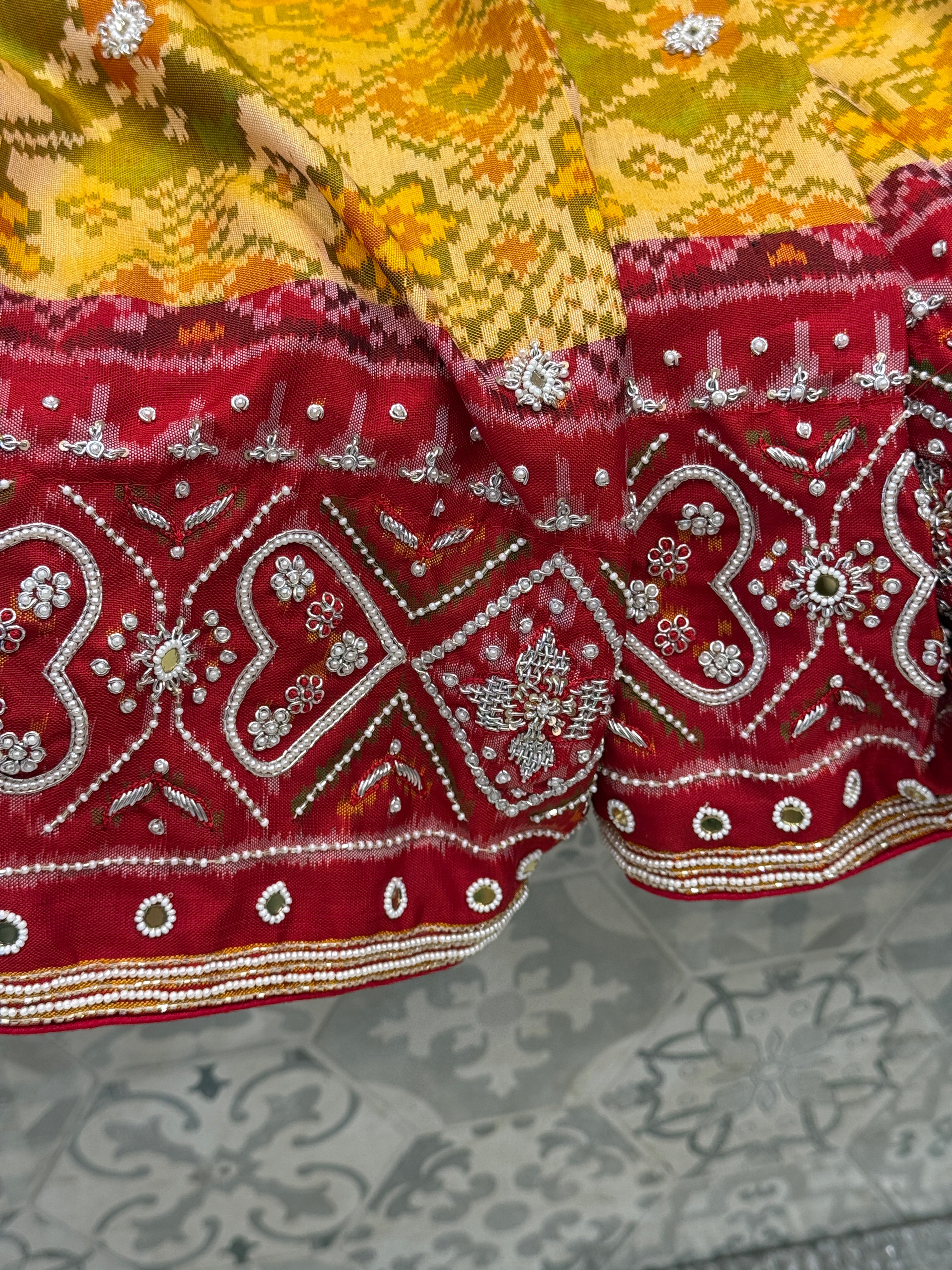 Mustard Yellow Pure Silk Patola Zardosi Hand Embroidery Saree