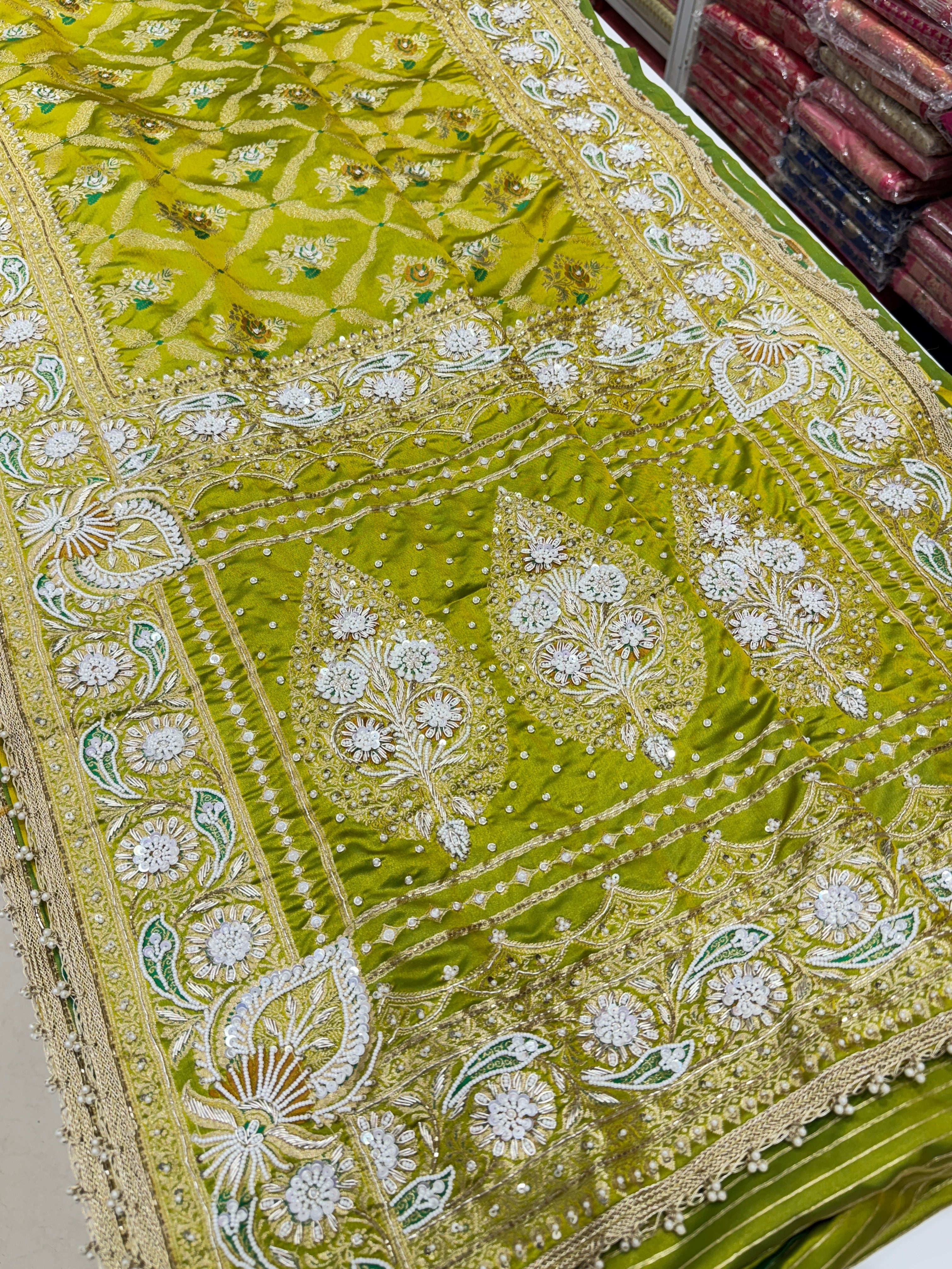 Green Banarasi With Moti Hand Embroidery Saree