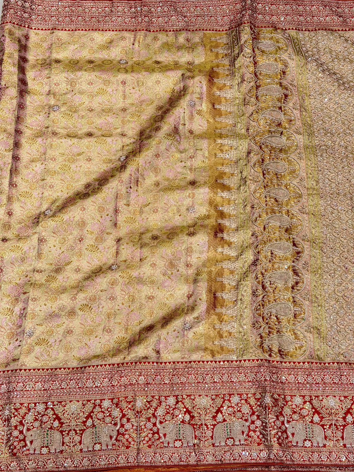 Light Pink Elephant Motif Meenakari Tissue Kanjivaram Zardosi Hand Embroidery Saree