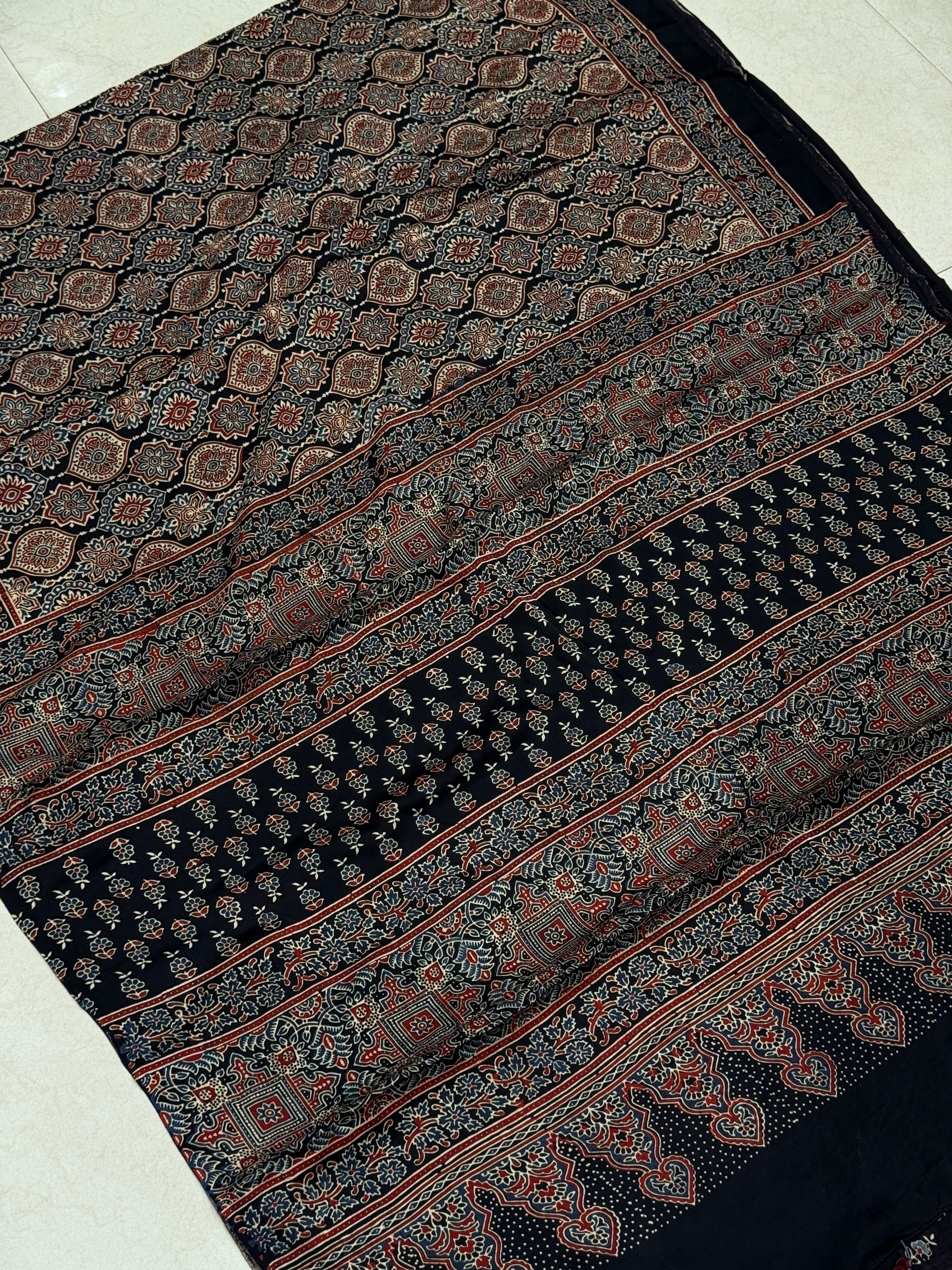 Black Badam Jaal Ajrakh Block Print Hand Pure Gajji Silk Saree