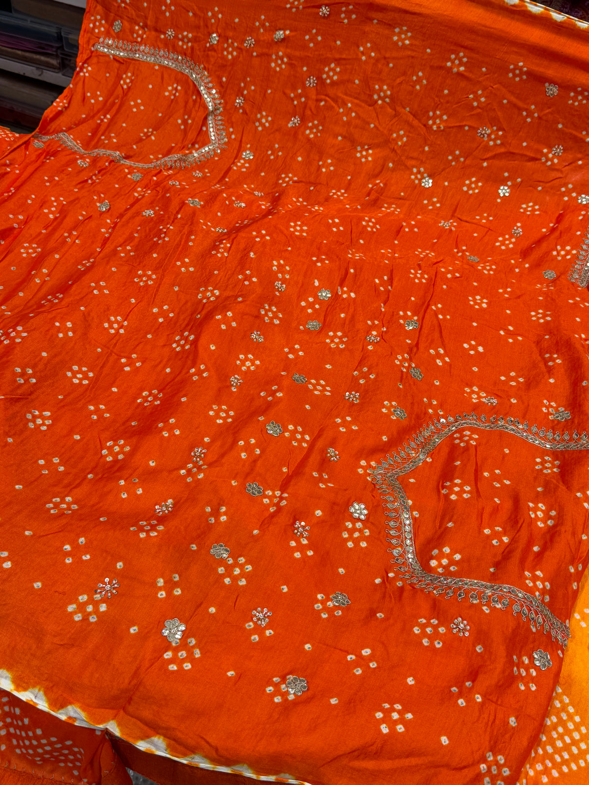 Orange Shaded Gajji Silk Rai Bandhej Gotapatti Marodi Hand Embroidery Saree