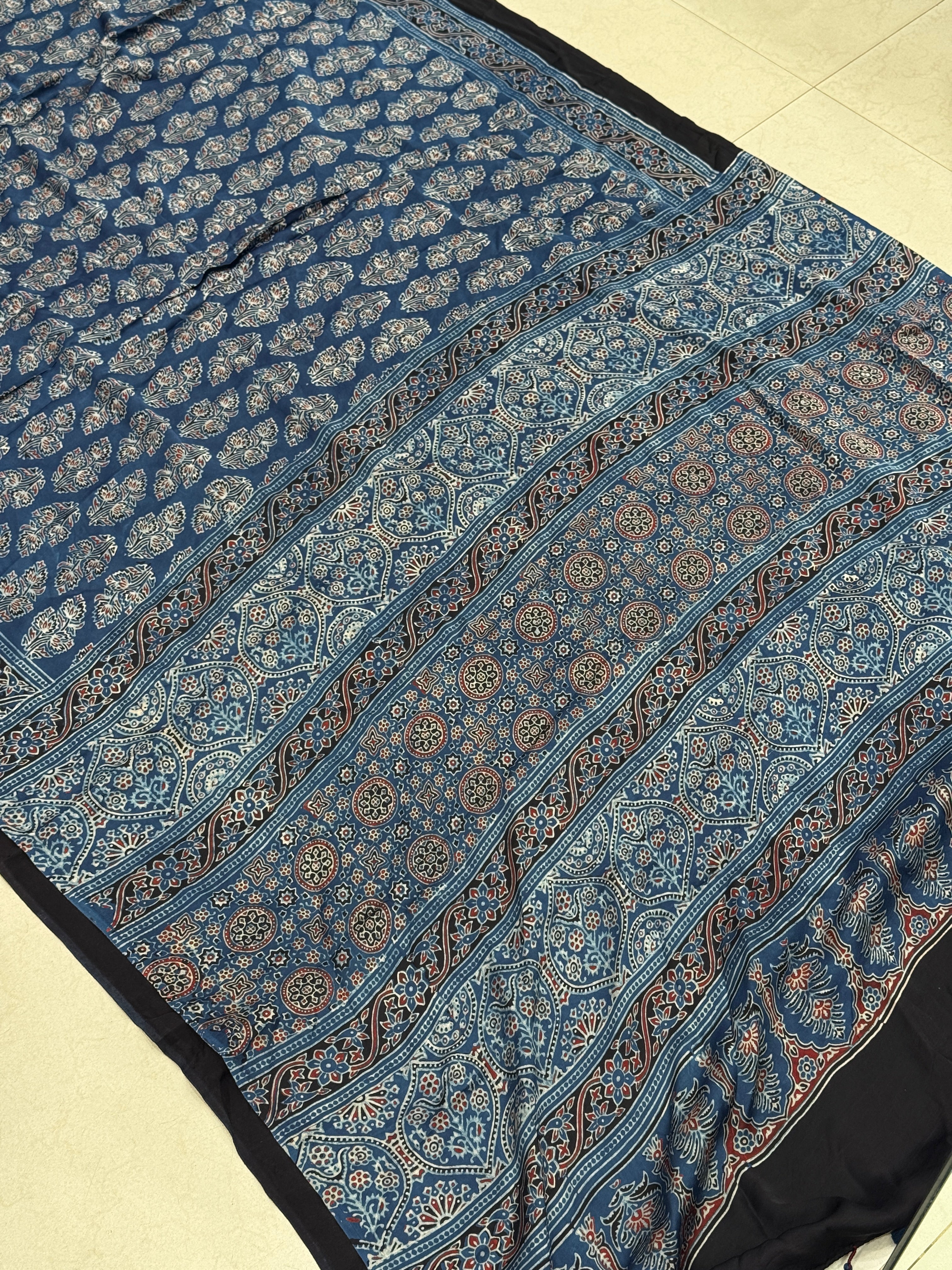Blue Tree Butta Ajrakh Hand Block Print Pure Gajji Silk Saree