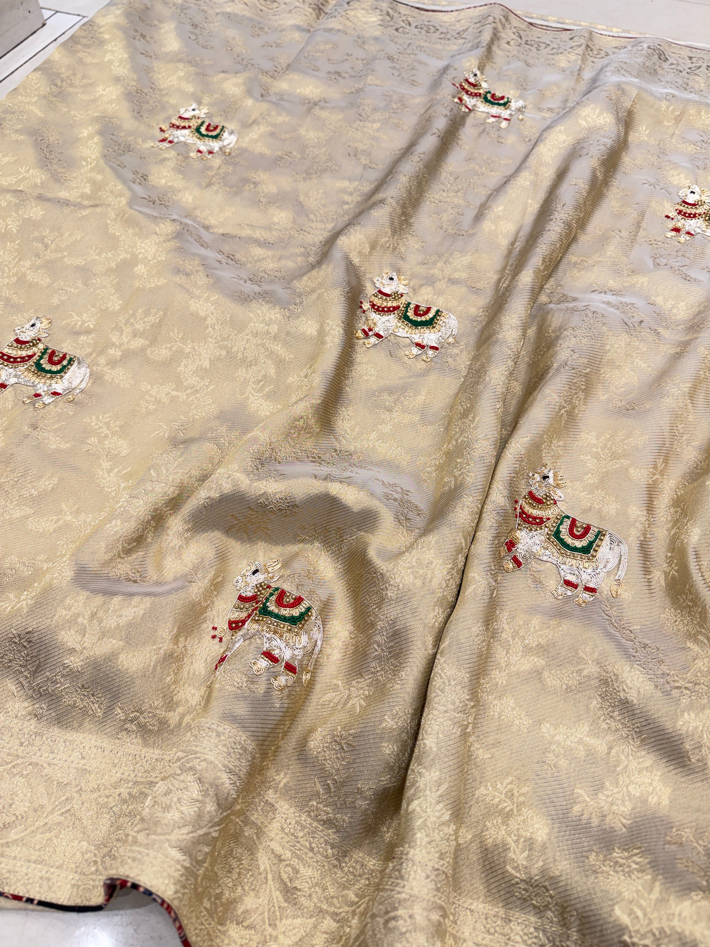 Golden Soft Tissue Zardosi Moti Hand Embroidery Nandi Motif Saree