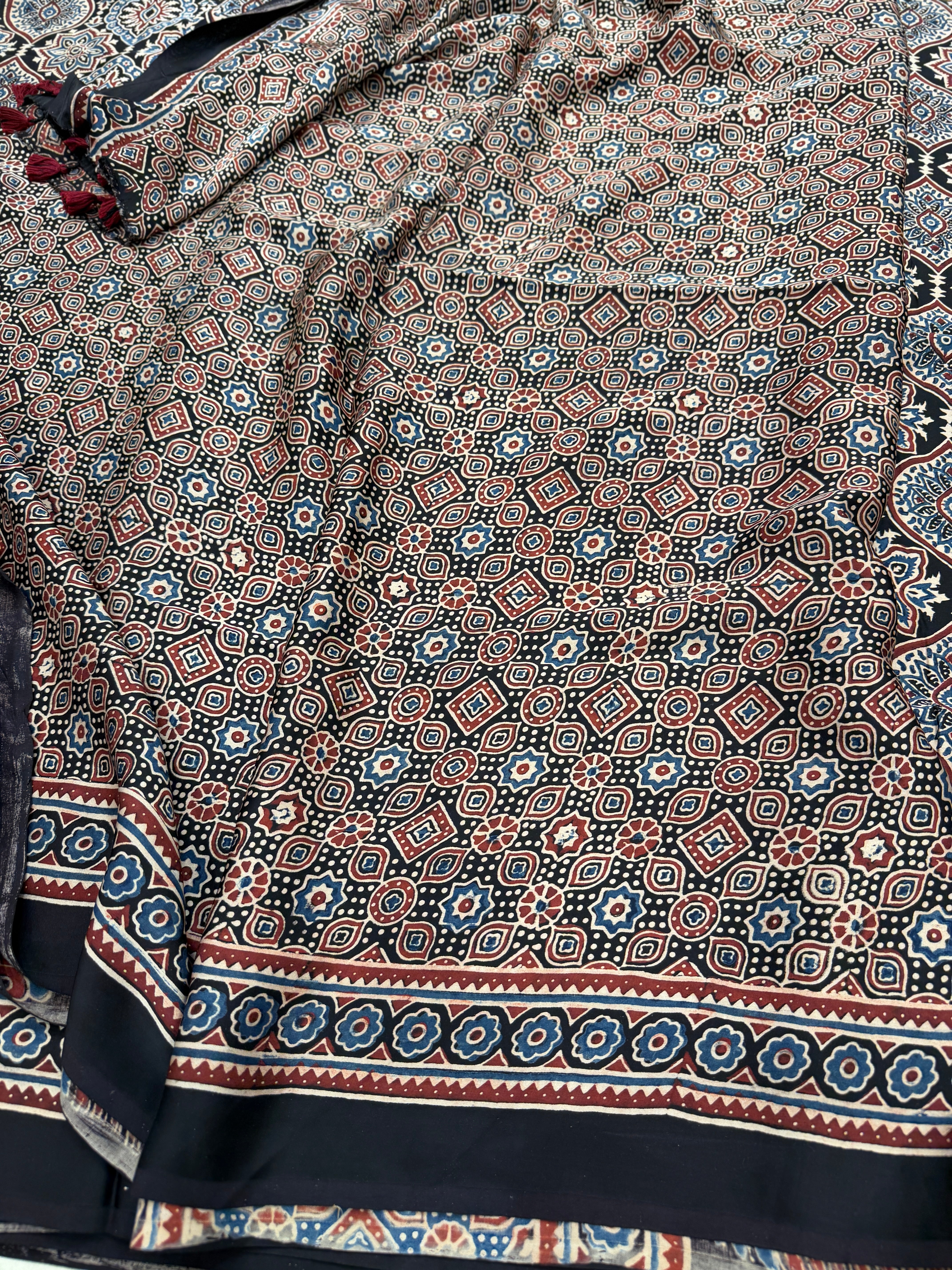 Black Badam Ajrakh Hand Block Print Pure Gajji Silk Saree
