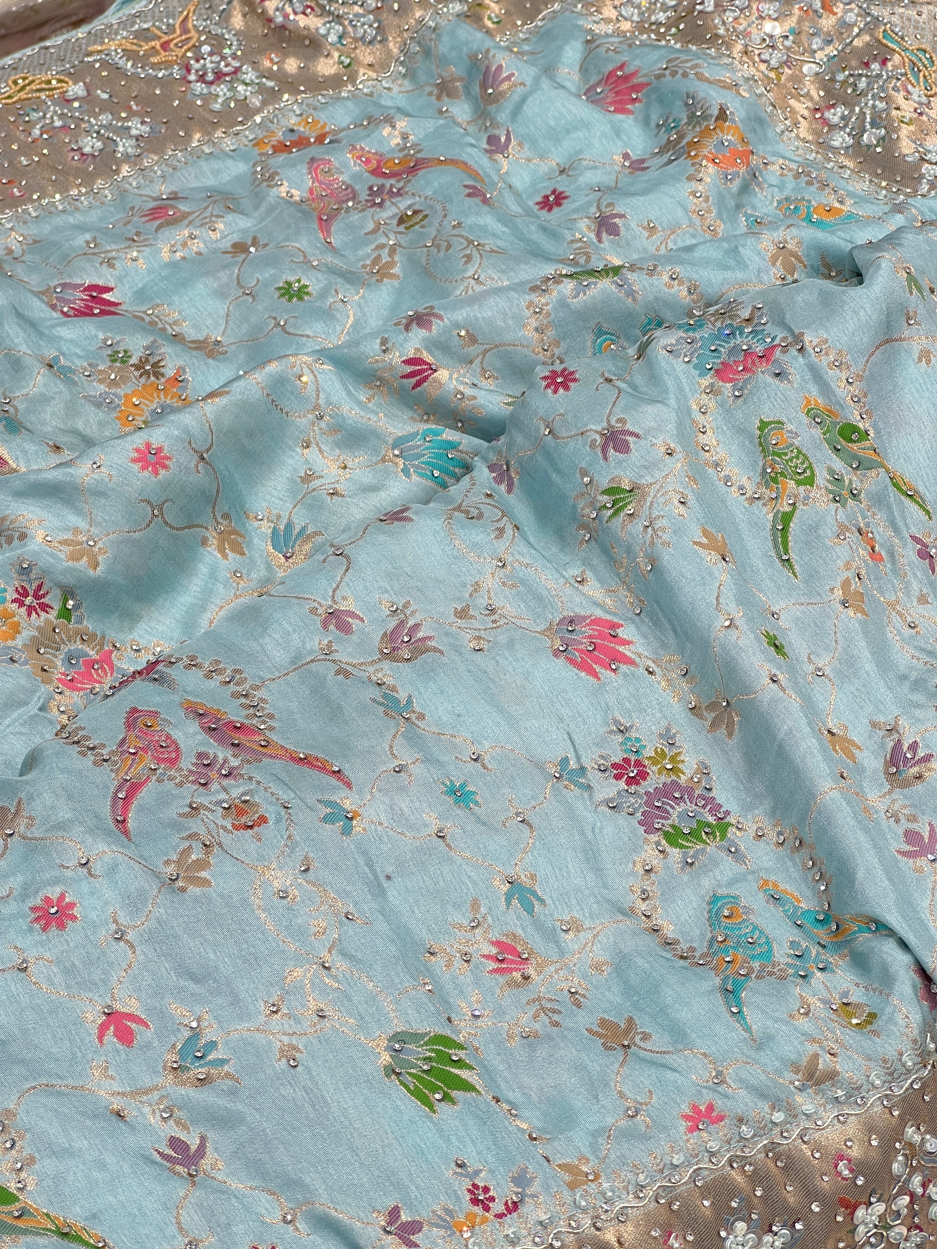 Blue Munga Silk Shikara Hand Embroidery Saree