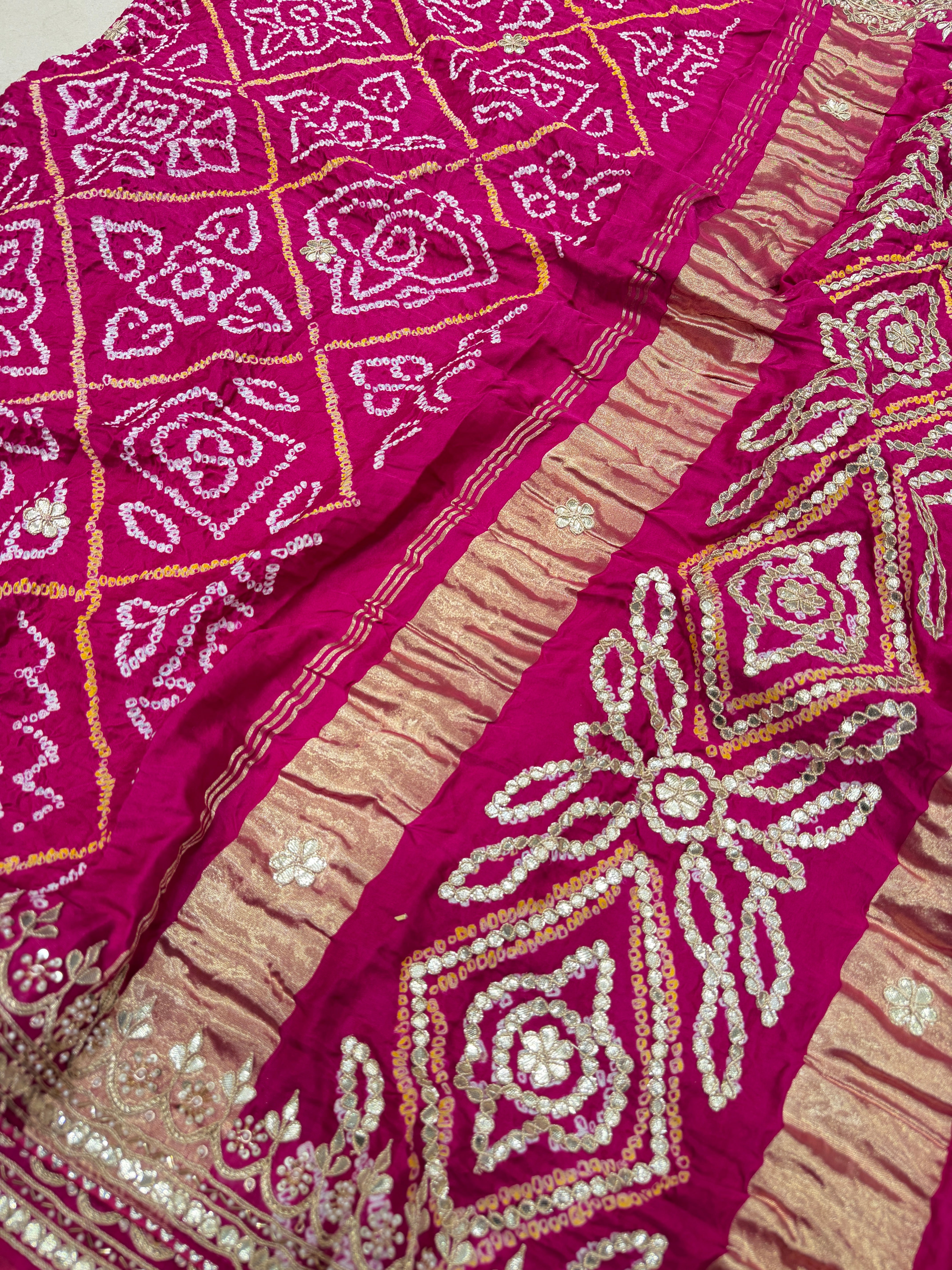 Rani Pink Gajji Silk Bandhej Gotapatti Hand Embroidery Saree
