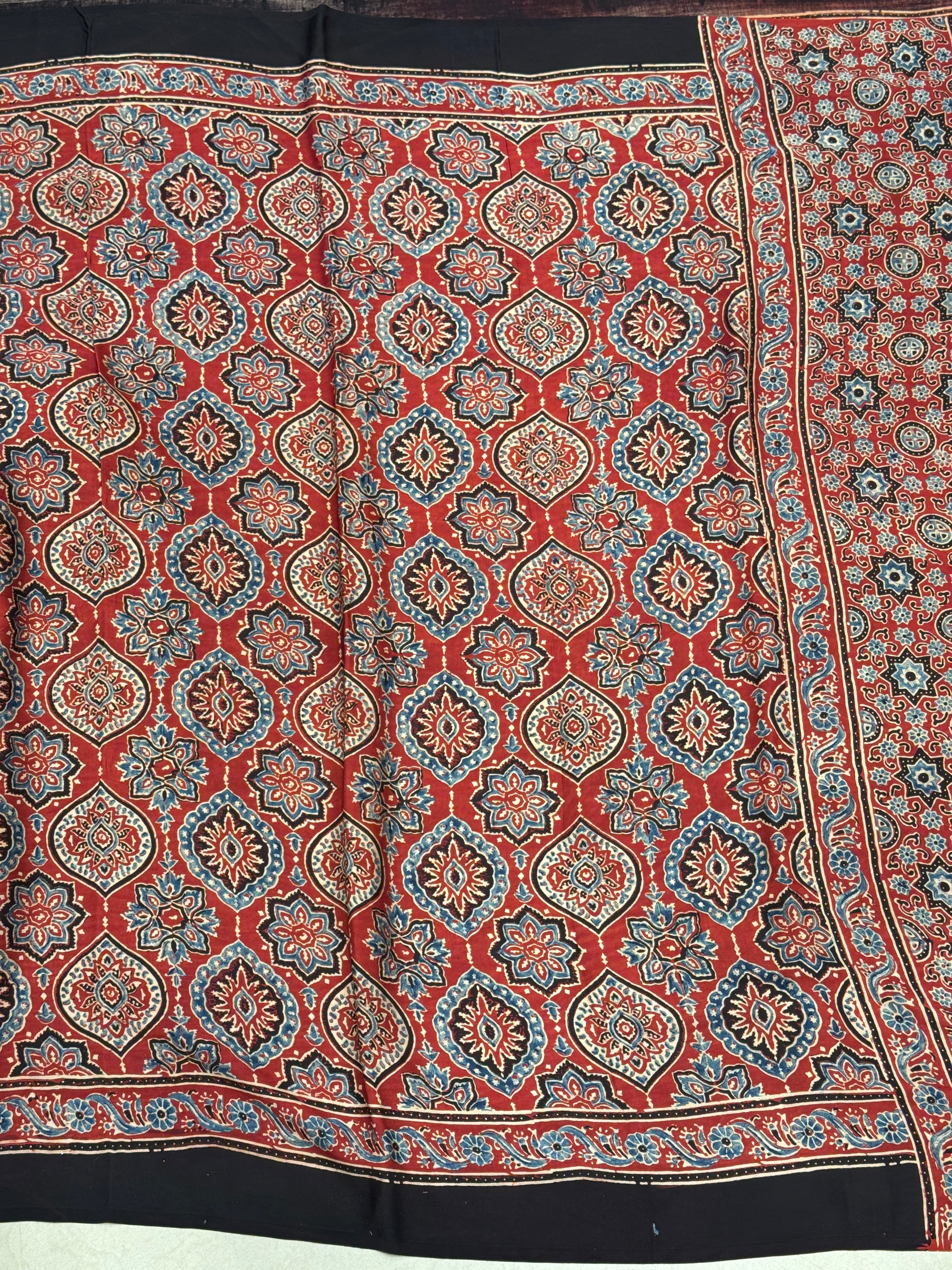 Red Jewelled Badam Butti Ajrakh Gajji Hand Block Print Saree