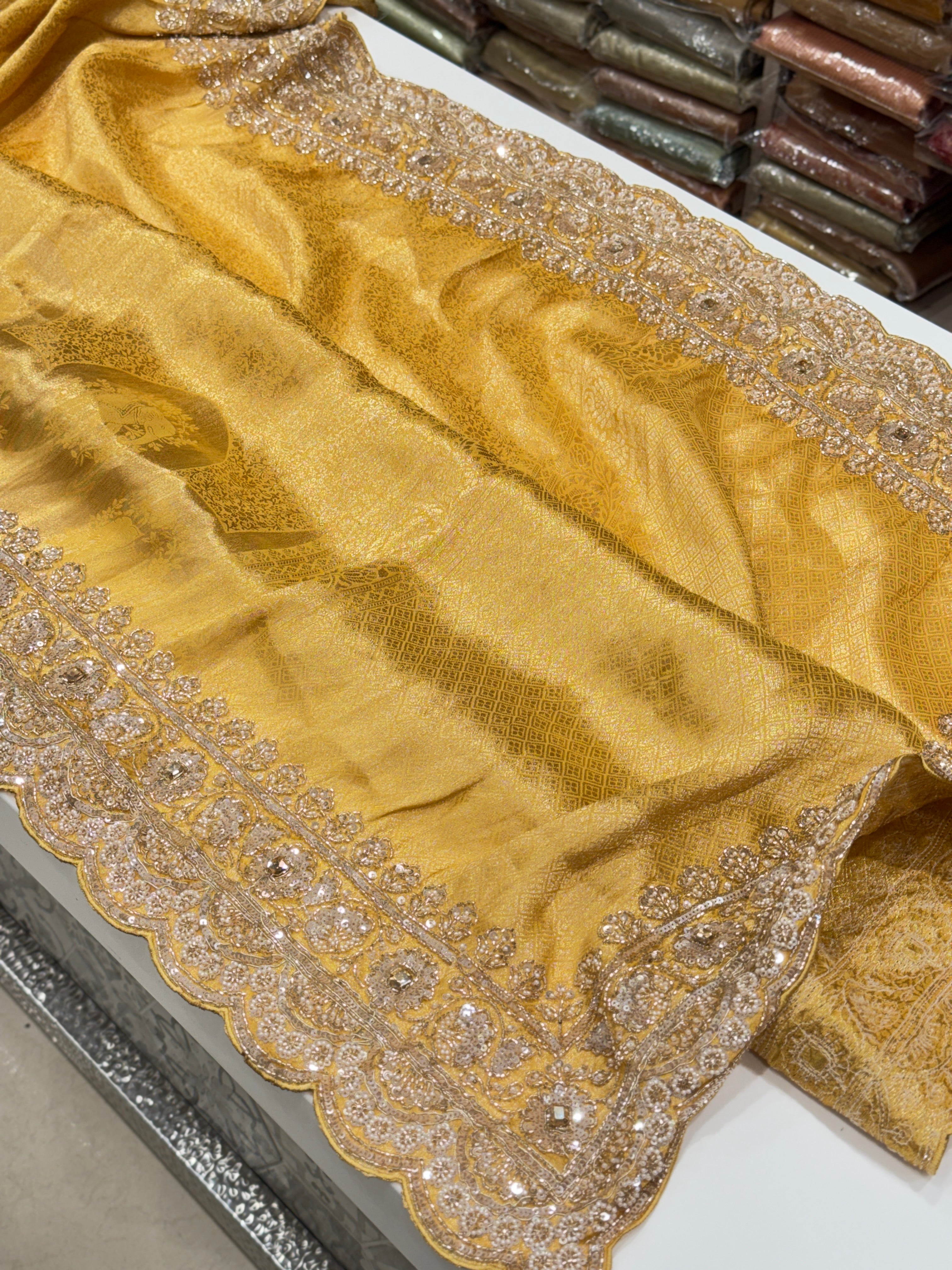 Yellow Soft Silk Moti Cutdana Embroidery Saree