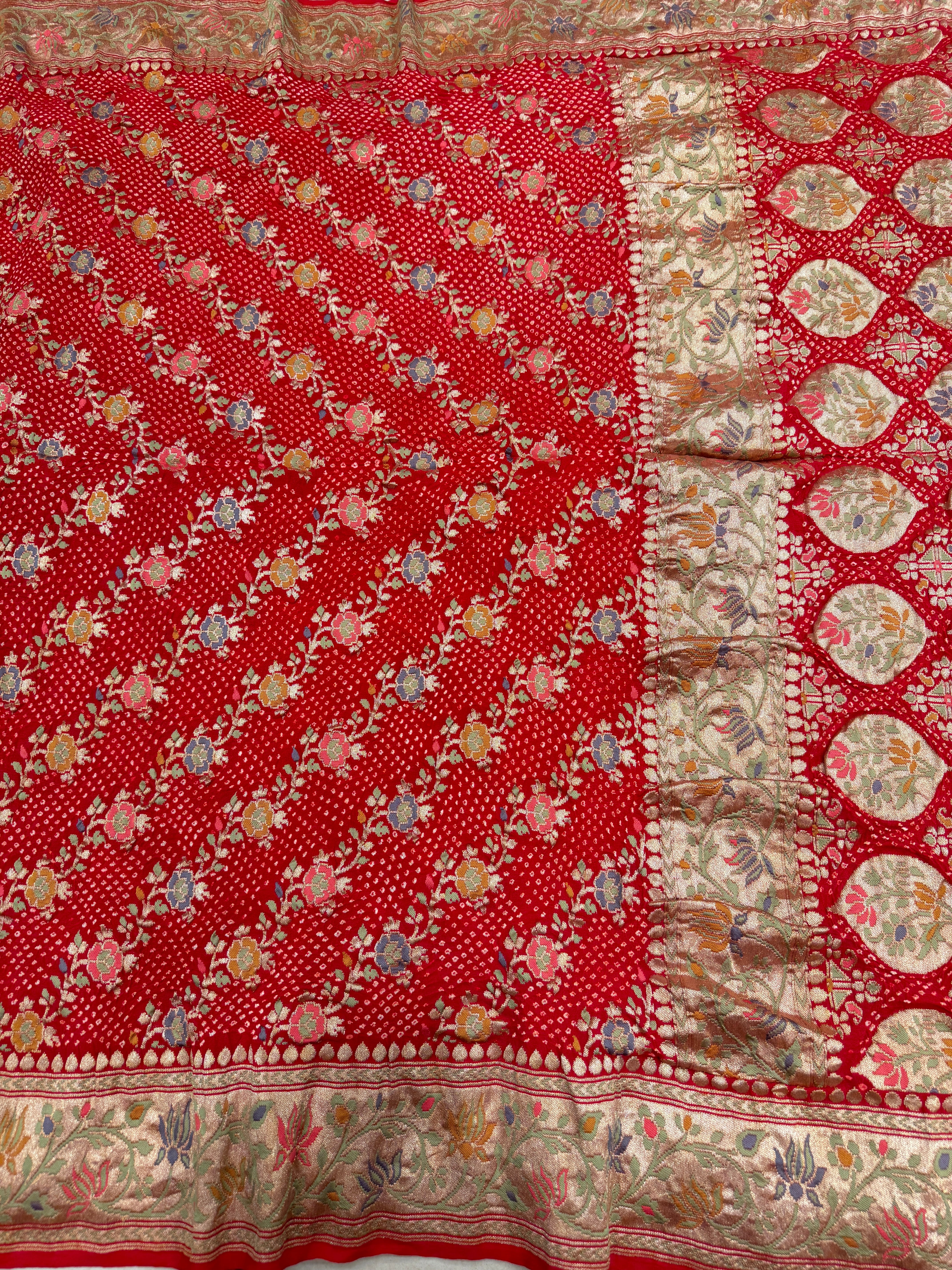 Red Meenakari Floral Leheriya Rai Bandhej Bandhini Georgette Saree