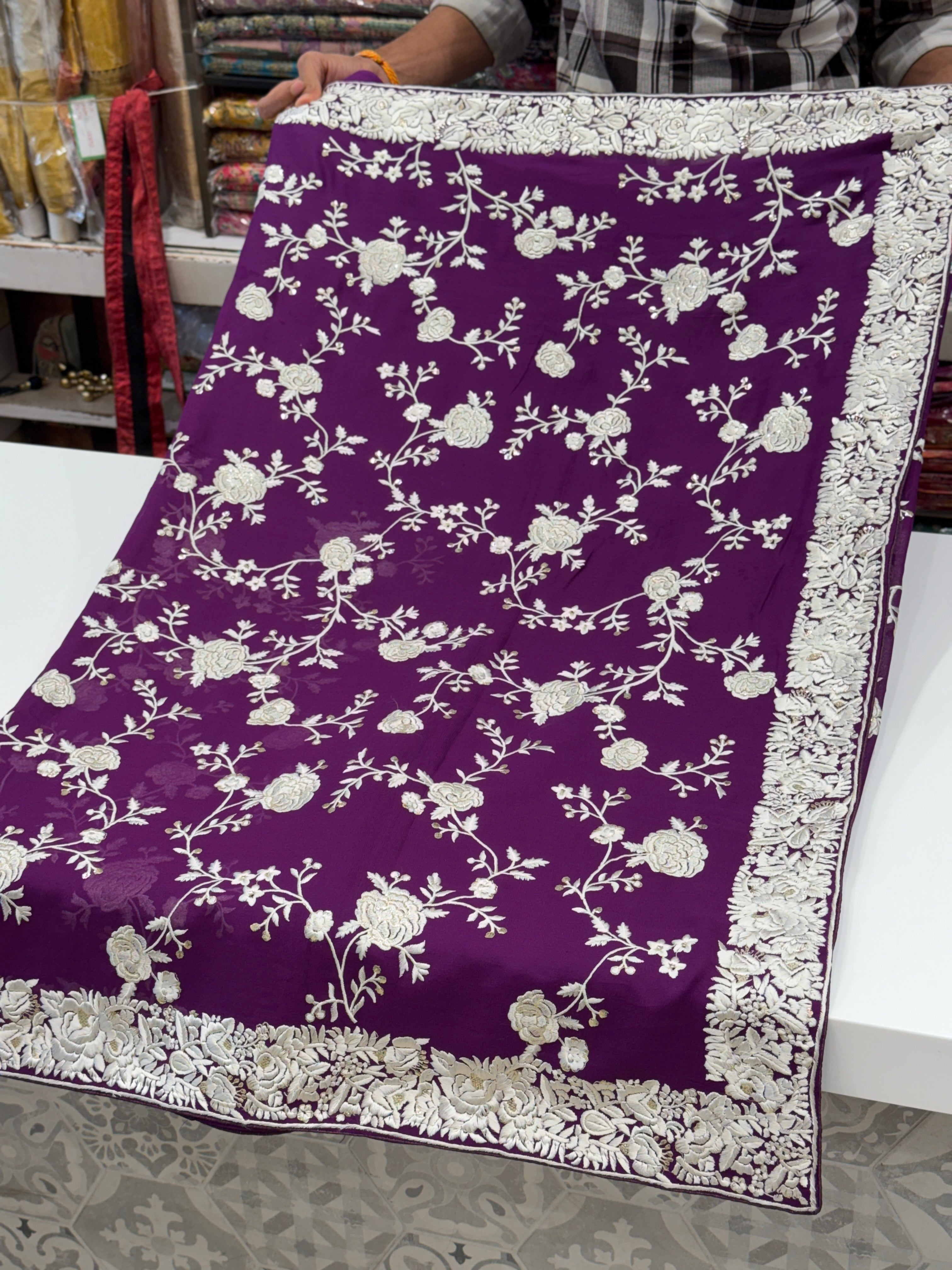 Violet Floral Parsi Gara Jaal Saree