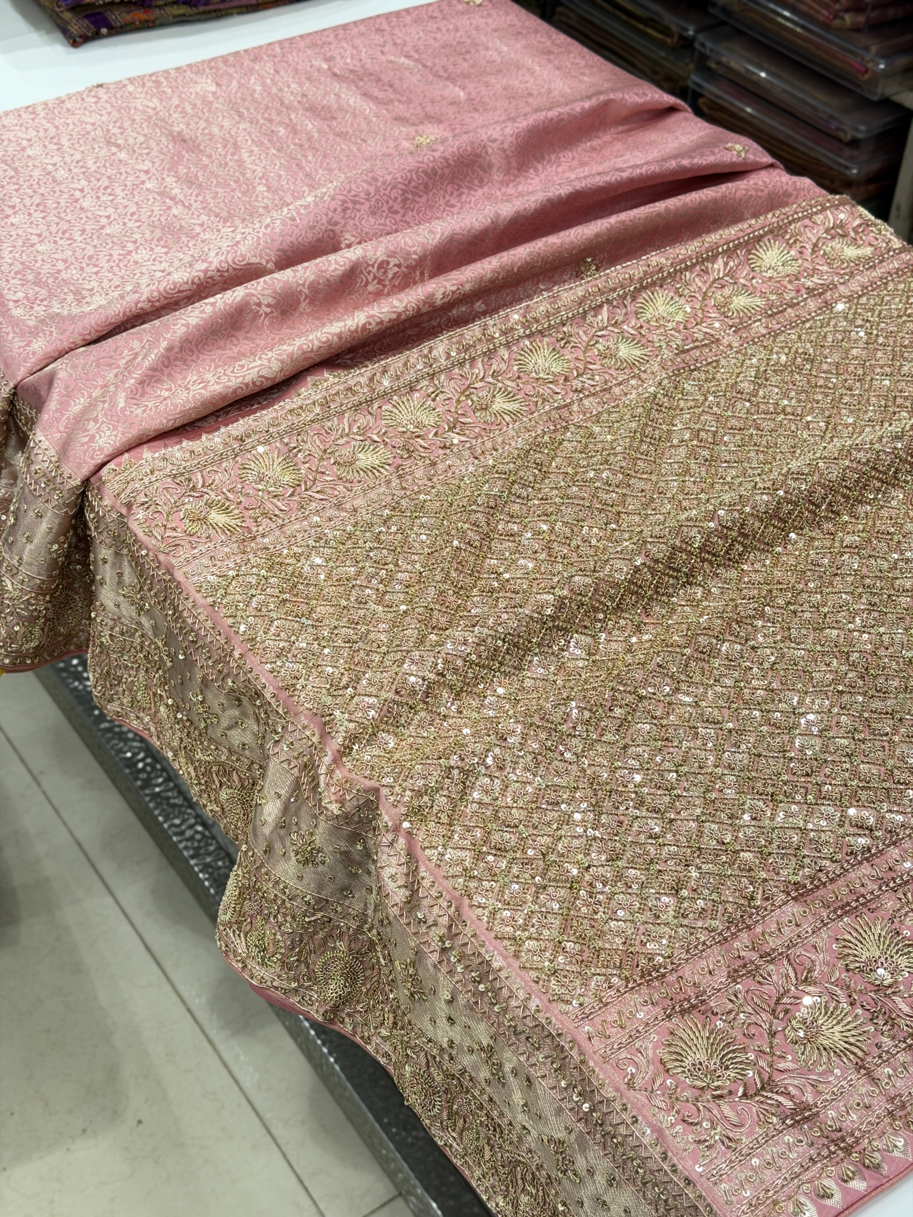 Pink Contrast Blouse Kanjivaram Zardosi Hand Embroidery Saree