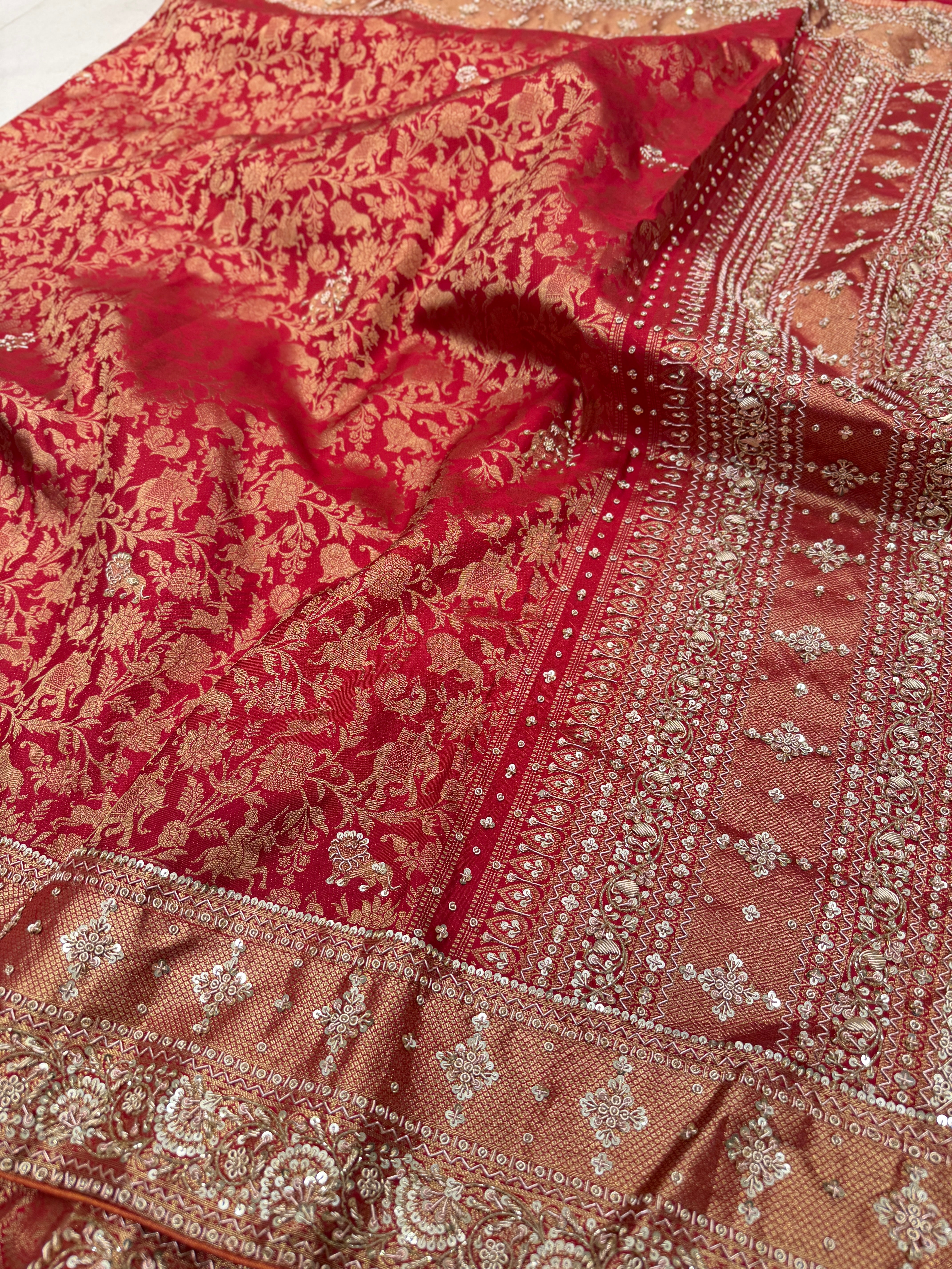 Maroonish Red Shikara Kanjivaram Hand Embroidery Zardosi Saree