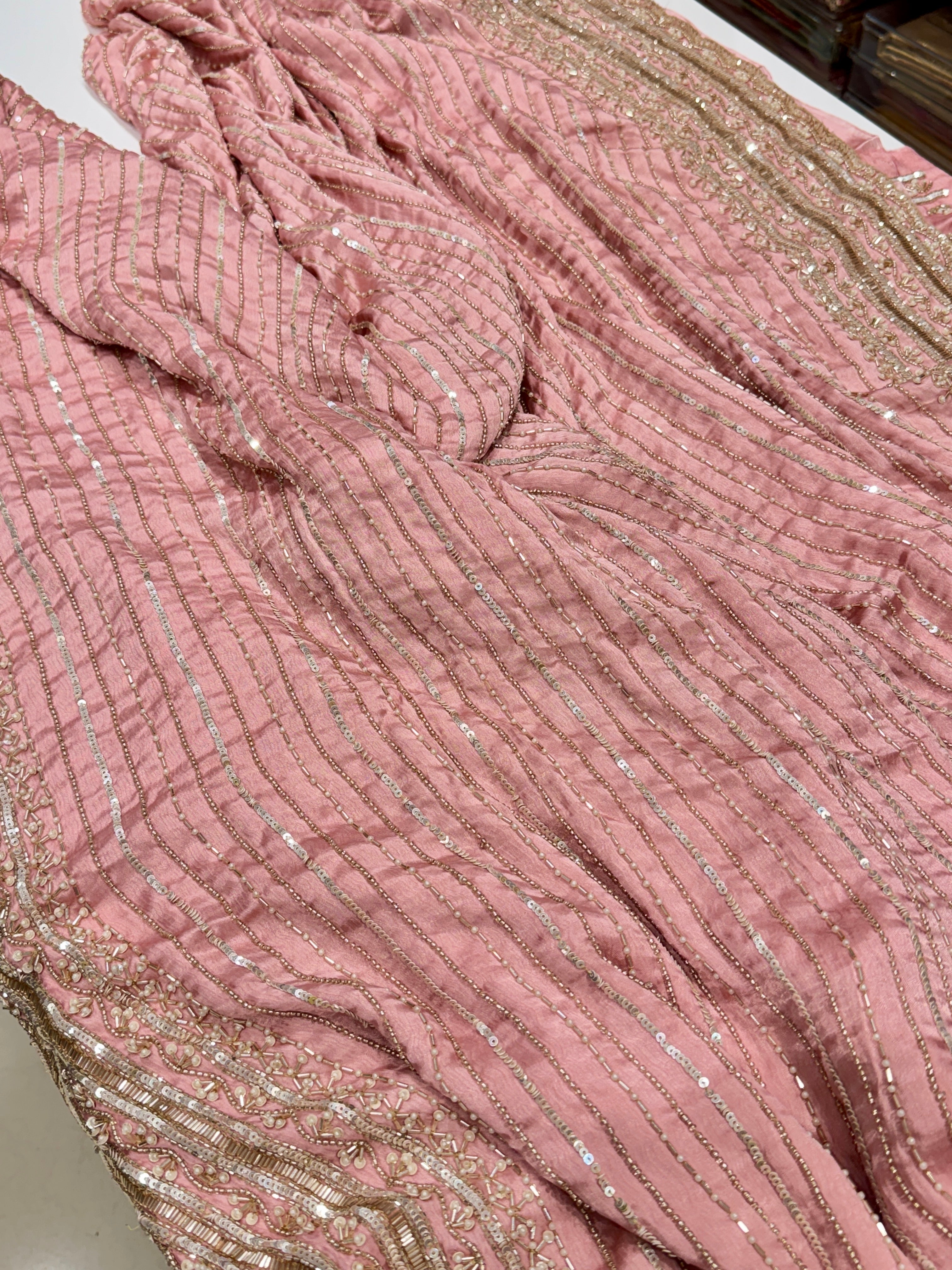 Light Pink Satin Moti Hand Embroidery Saree