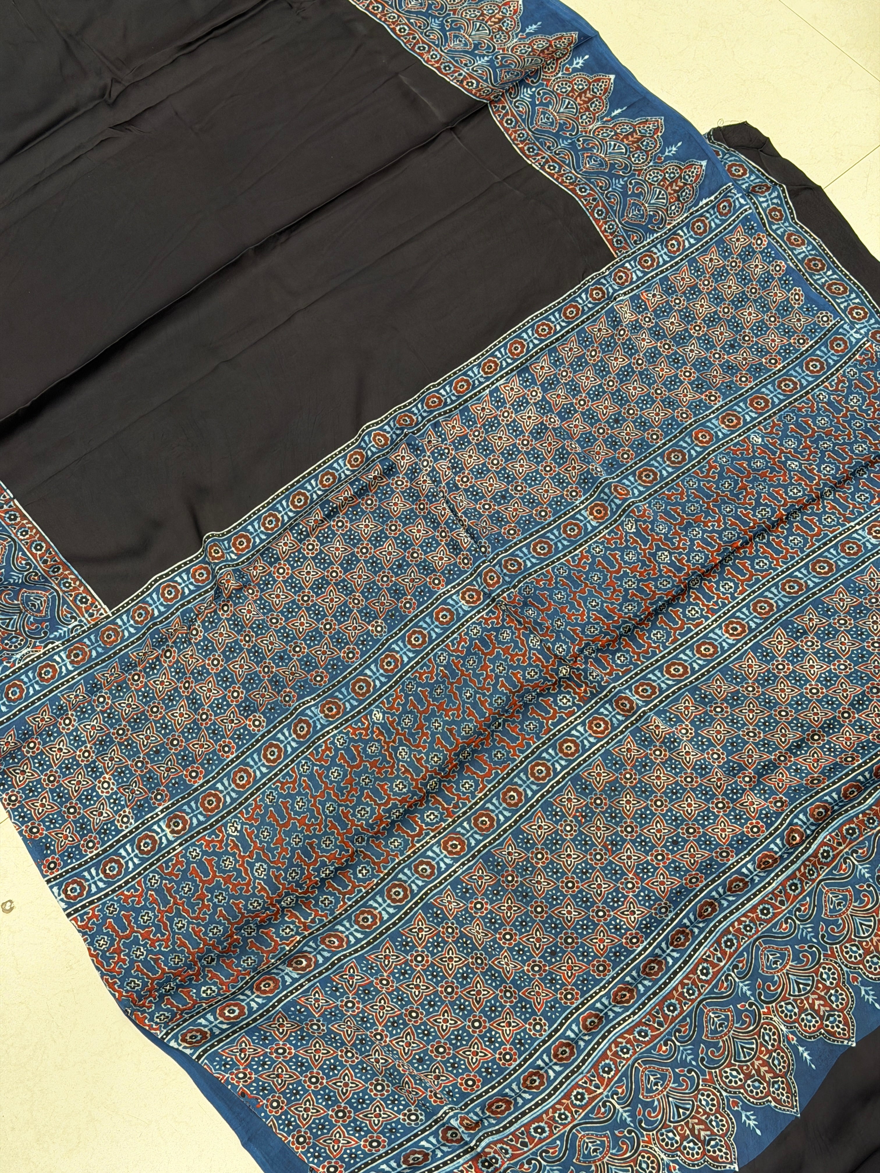 Black Plain Blue Border Ajrakh Hand Block Print Pure Modal Silk Saree