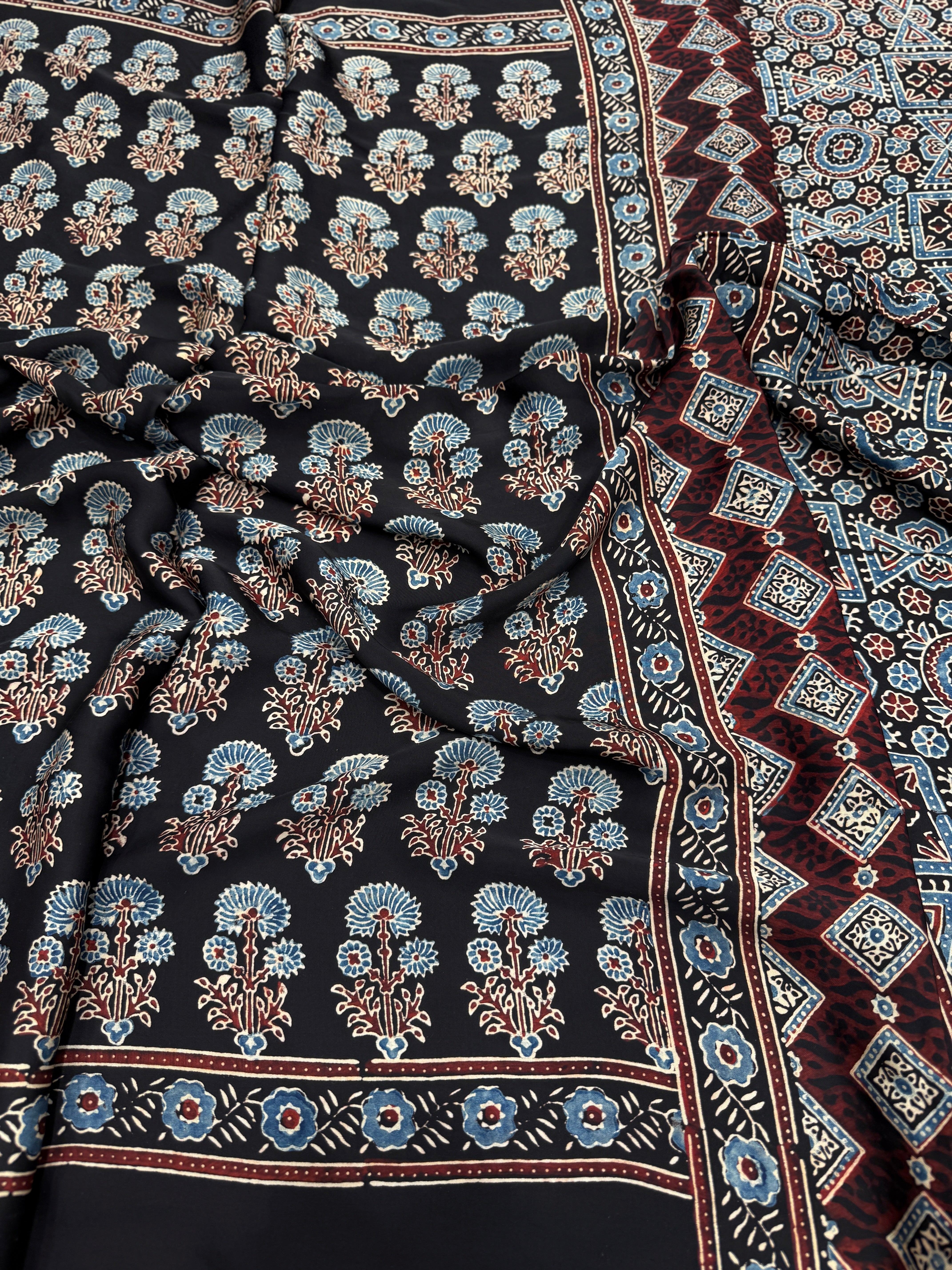 Black Big Buttis Ajrakh Block Print Hand Pure Gajji Silk Saree