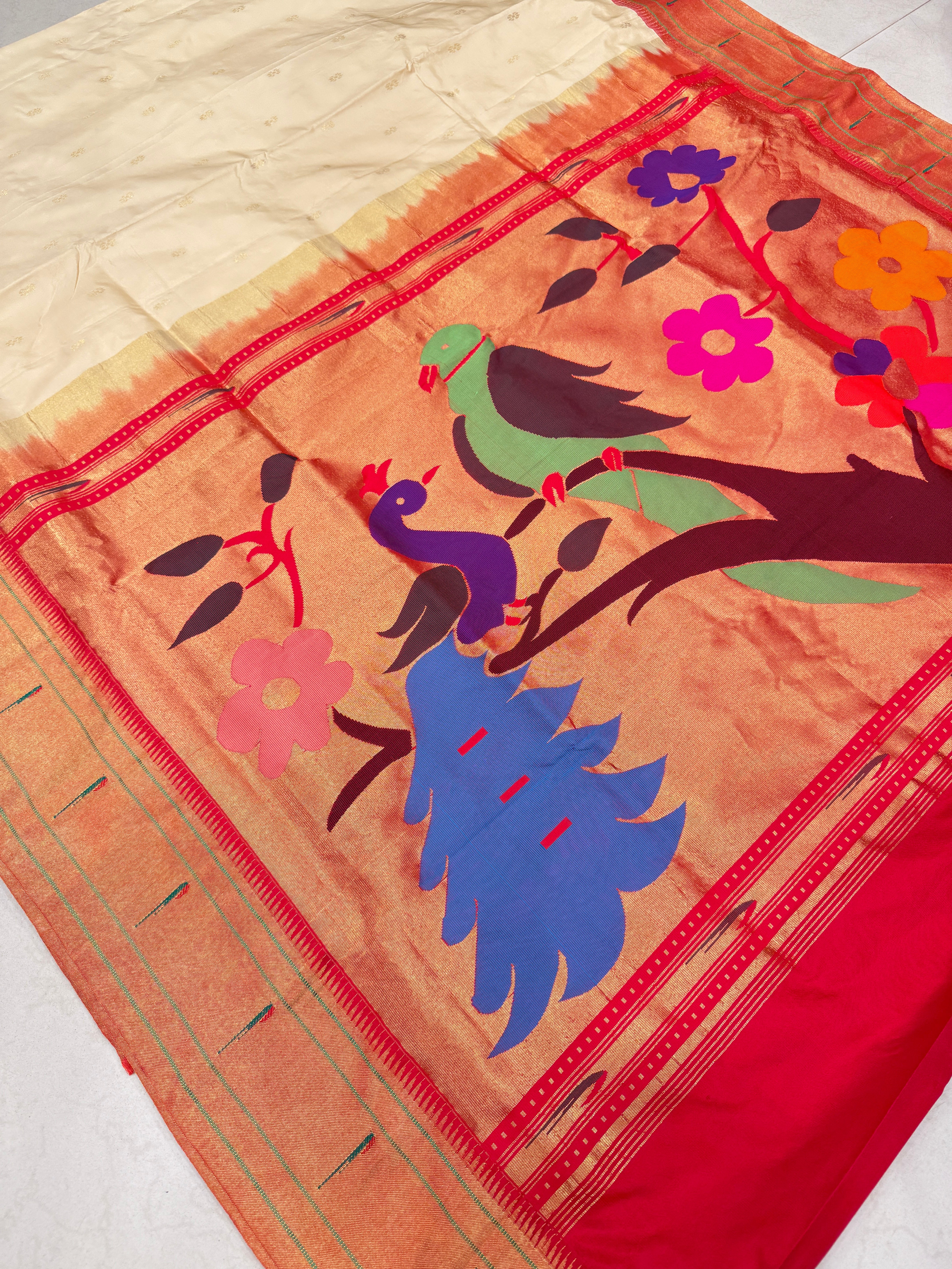 Moti White Muniya Pure Silk Handloom Paithani Saree