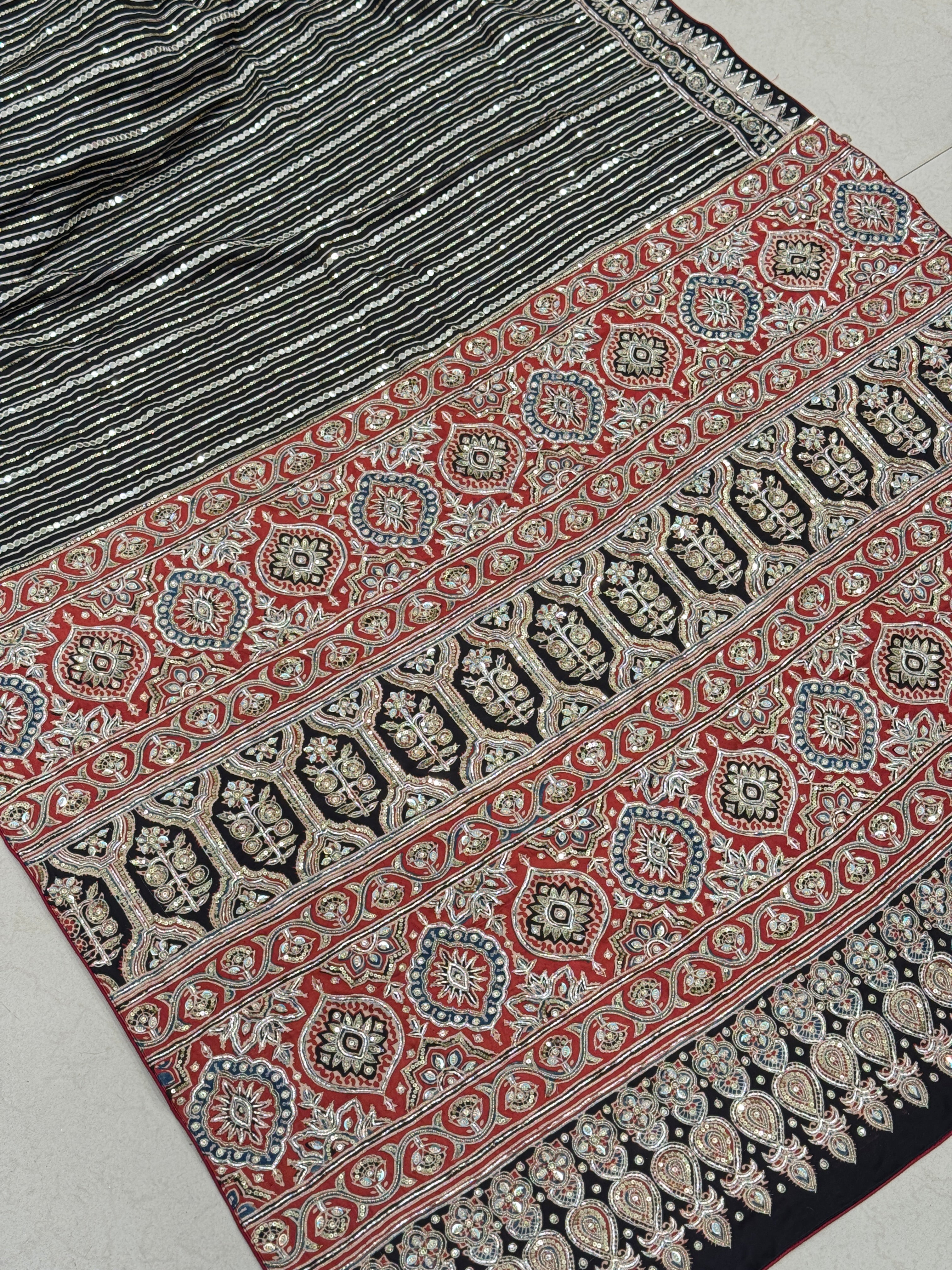 Black Red Contemporary Mirror Ajrakh Hand Embroidery Saree